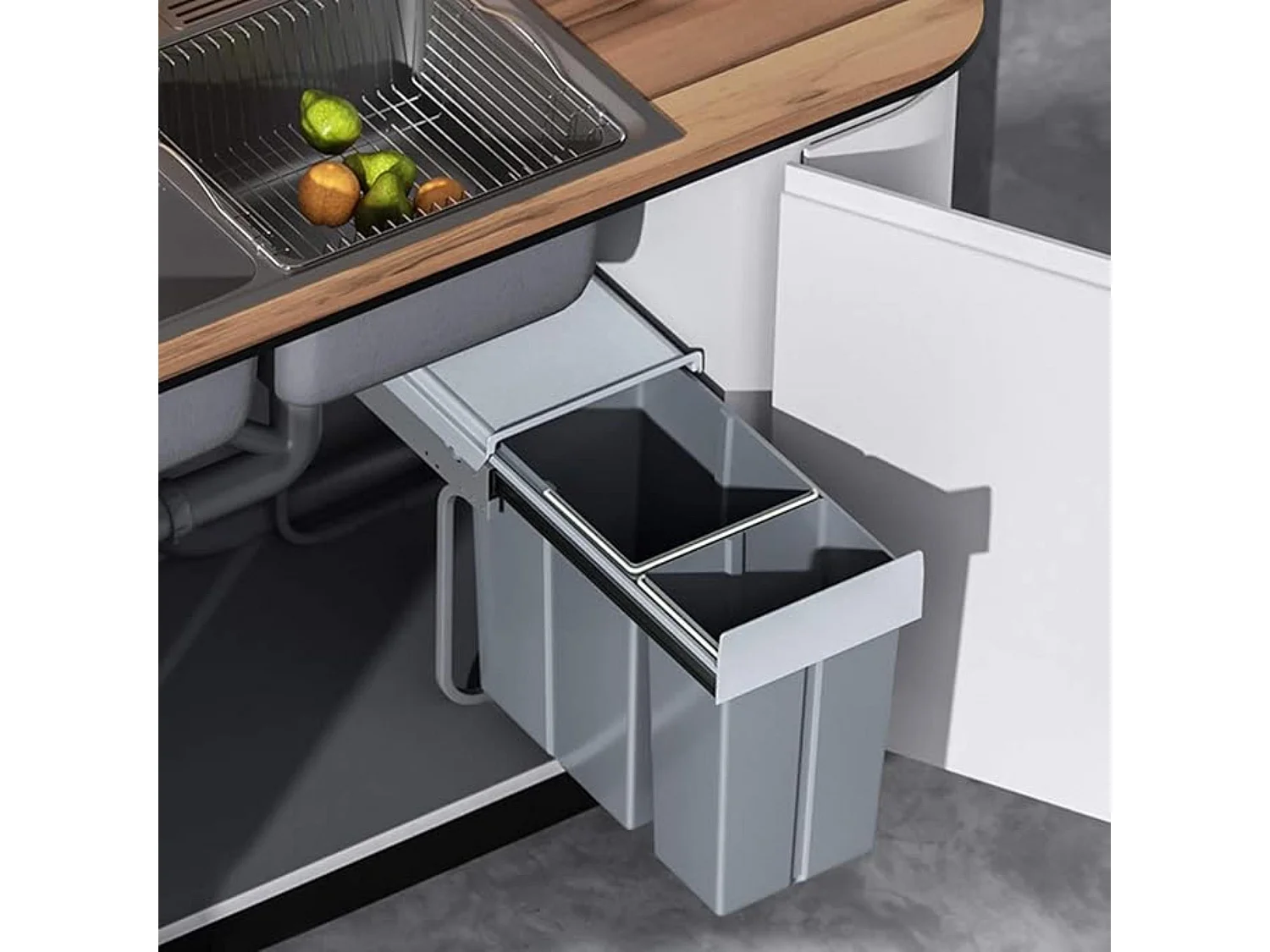 Conteneur de tri pour meuble de cuisine, poubelles sous évier 8L+5L, fixation par le bas et extraction manuelle, poubelles amovibles, avec couvercle