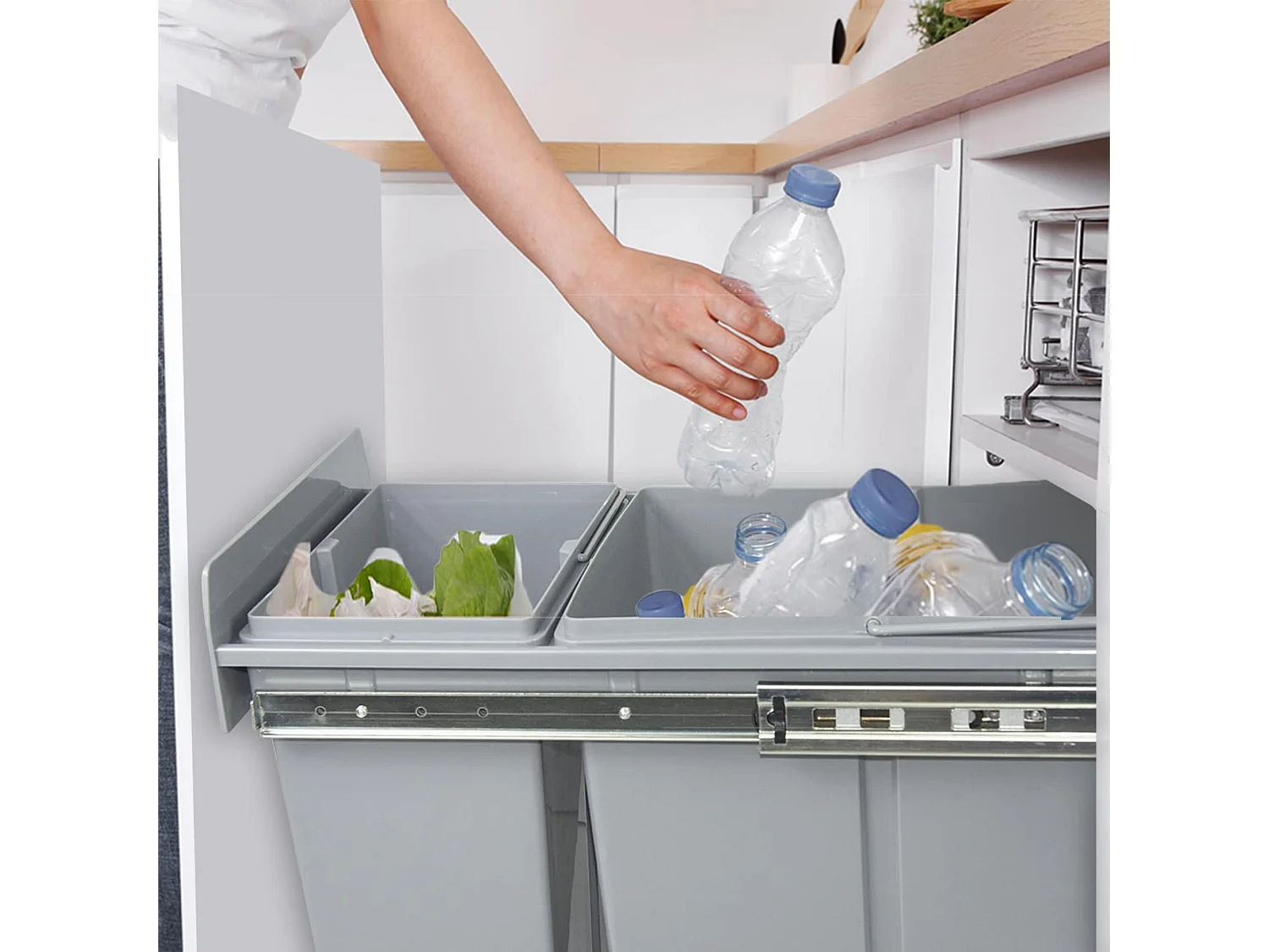 Conteneur de tri pour meuble de cuisine, poubelles sous évier 8L+5L, fixation par le bas et extraction manuelle, poubelles amovibles, avec couvercle