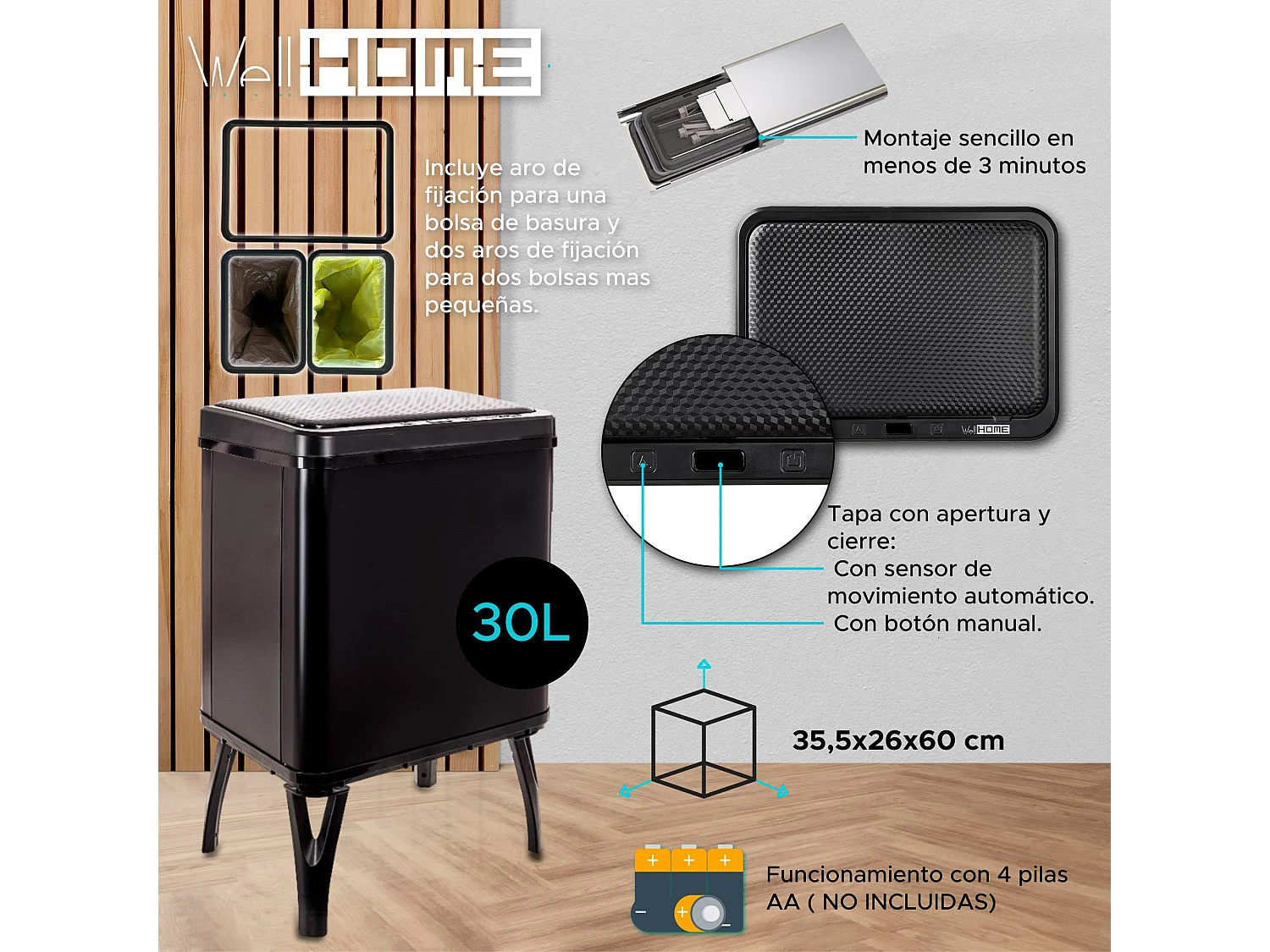 WELL HOME - Poubelle de Recyclage Intelligente à Ouverture Automatique et Contact Manuel 15L+15L 35,5x26x60cm Couleur Noir