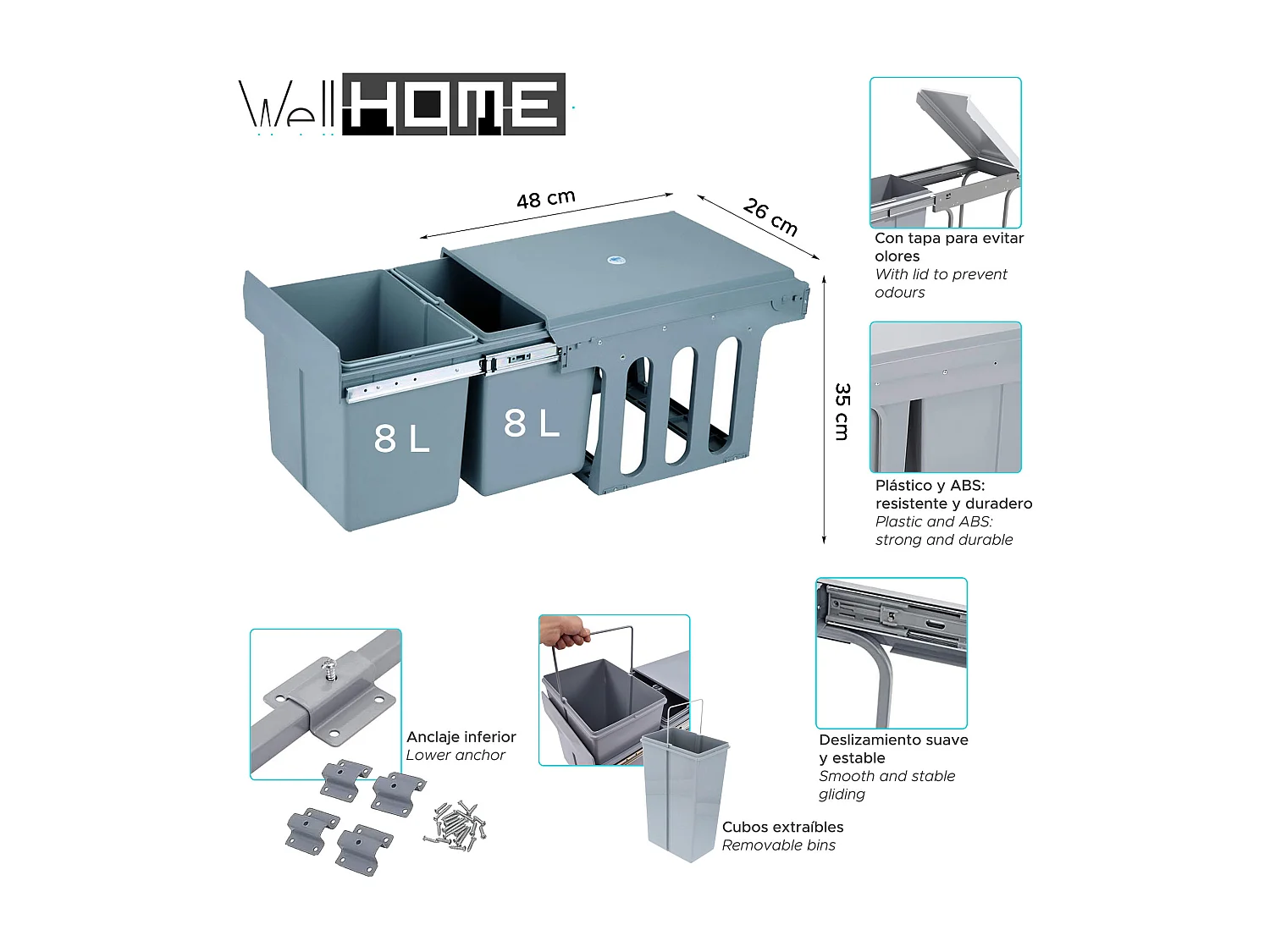 Conteneur de tri pour meuble de cuisine, 2 poubelles sous évier 8L, fixation par le bas et extraction manuelle, poubelles amovibles, avec couvercle