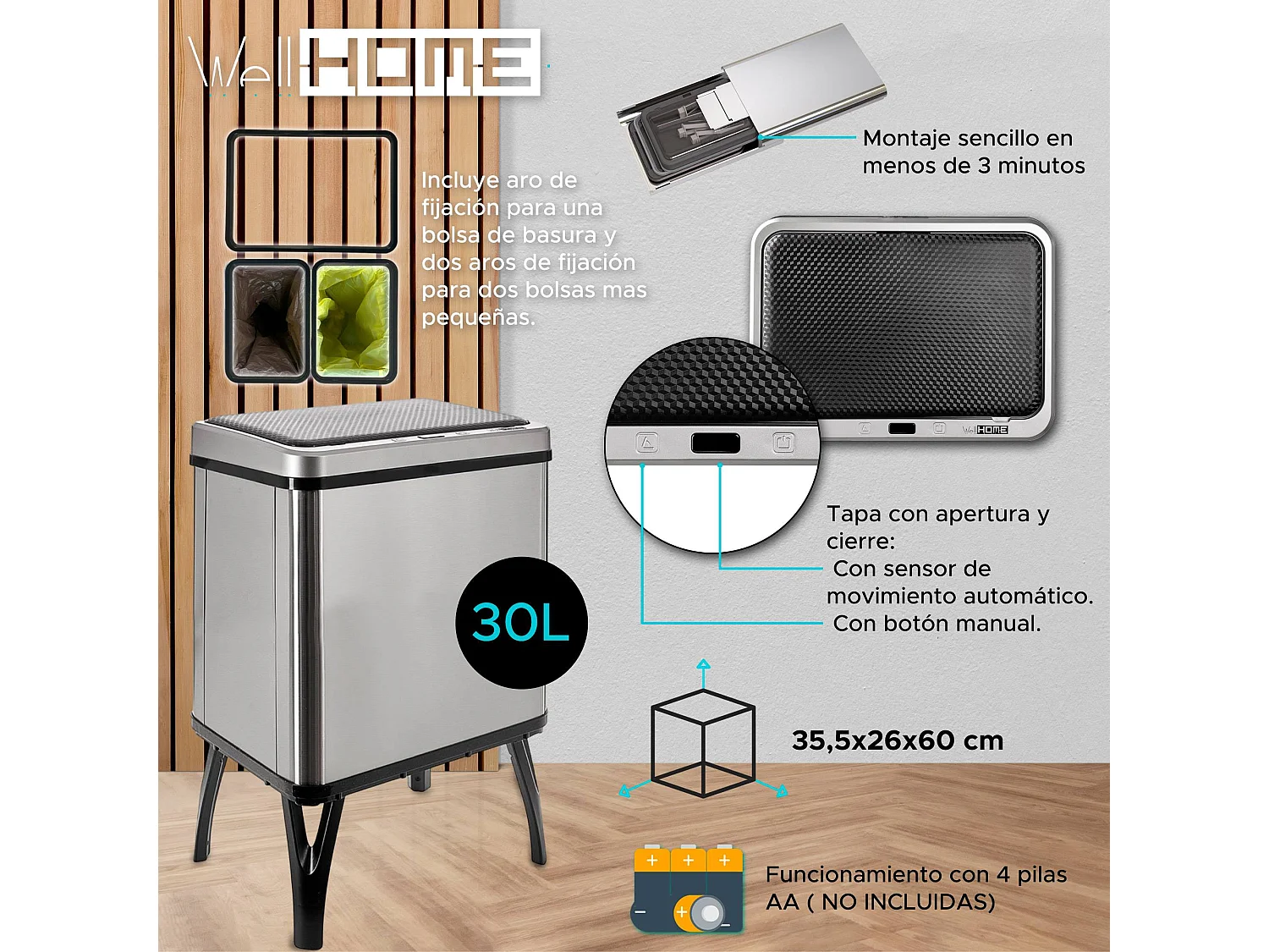 WELL HOME - Poubelle de Recyclage Intelligente à Ouverture Automatique et Contact Manuel 15L+15L 35,5x26x60cm Couleur Gris