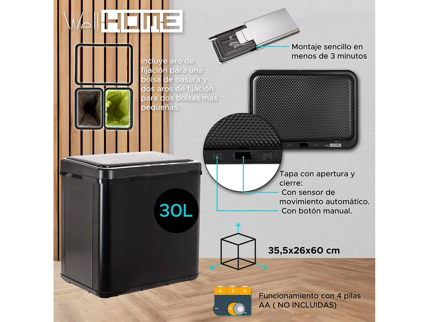 WELL HOME - Poubelle Intelligente sans Pieds pour Recyclage avec ouverture automatique et contact manuel 15L+15L 35,5x26x60cm Couleur Noir