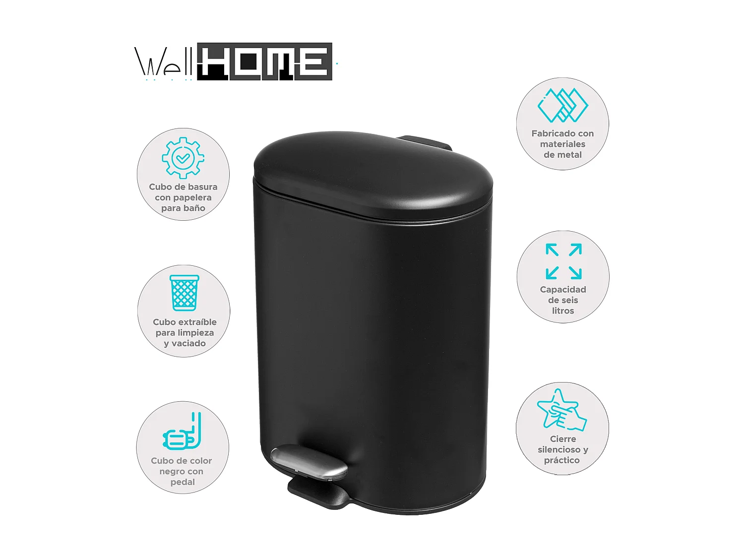 WELL HOME - Seau à pédale inox Siliflex 6 L noir