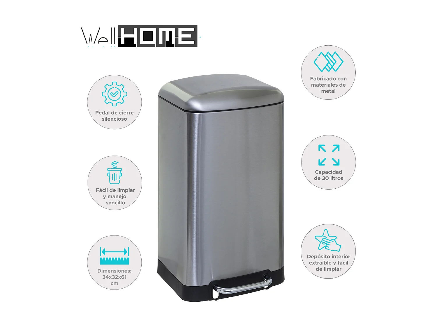 WELL HOME - Poubelle / poubelle / conteneur à déchets avec pédale en métal 30 L