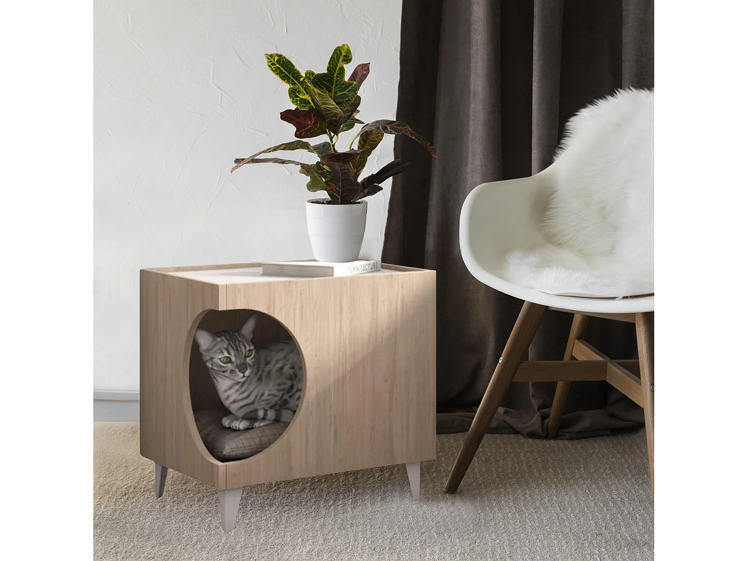 Well Home Table avec trou pour animaux de compagnie en couleur bois 50x40x40cm