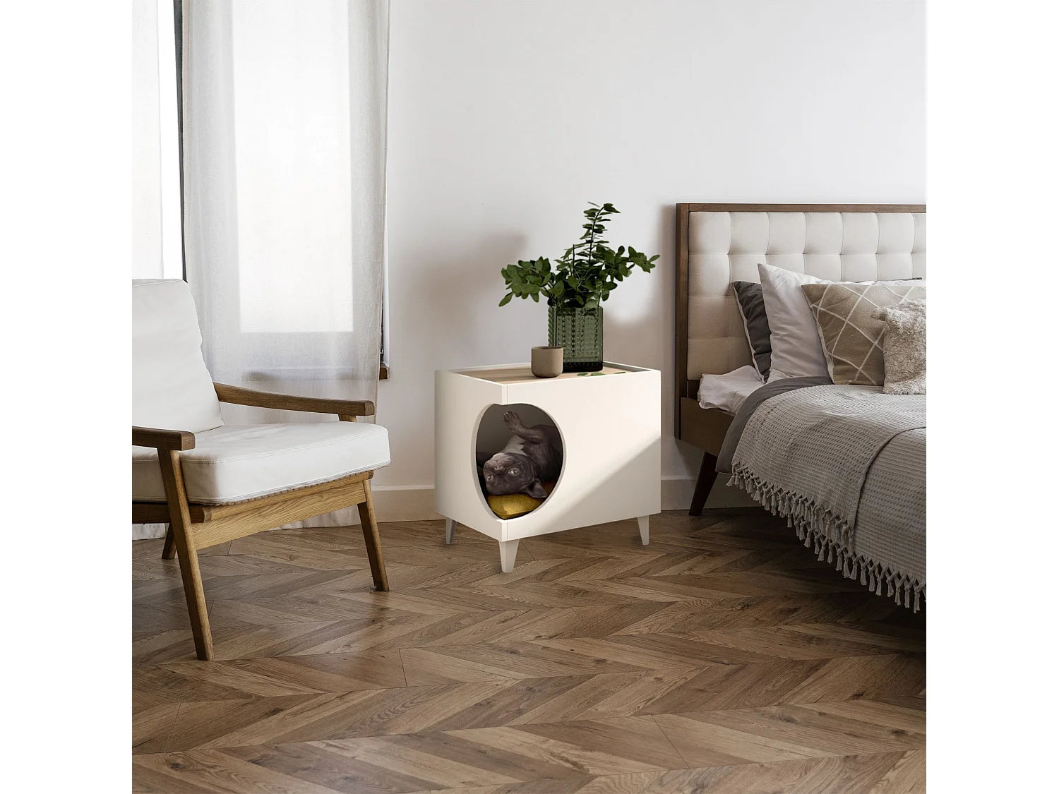 Table Well Home avec trou pour animaux de compagnie en blanc 50x40x40cm