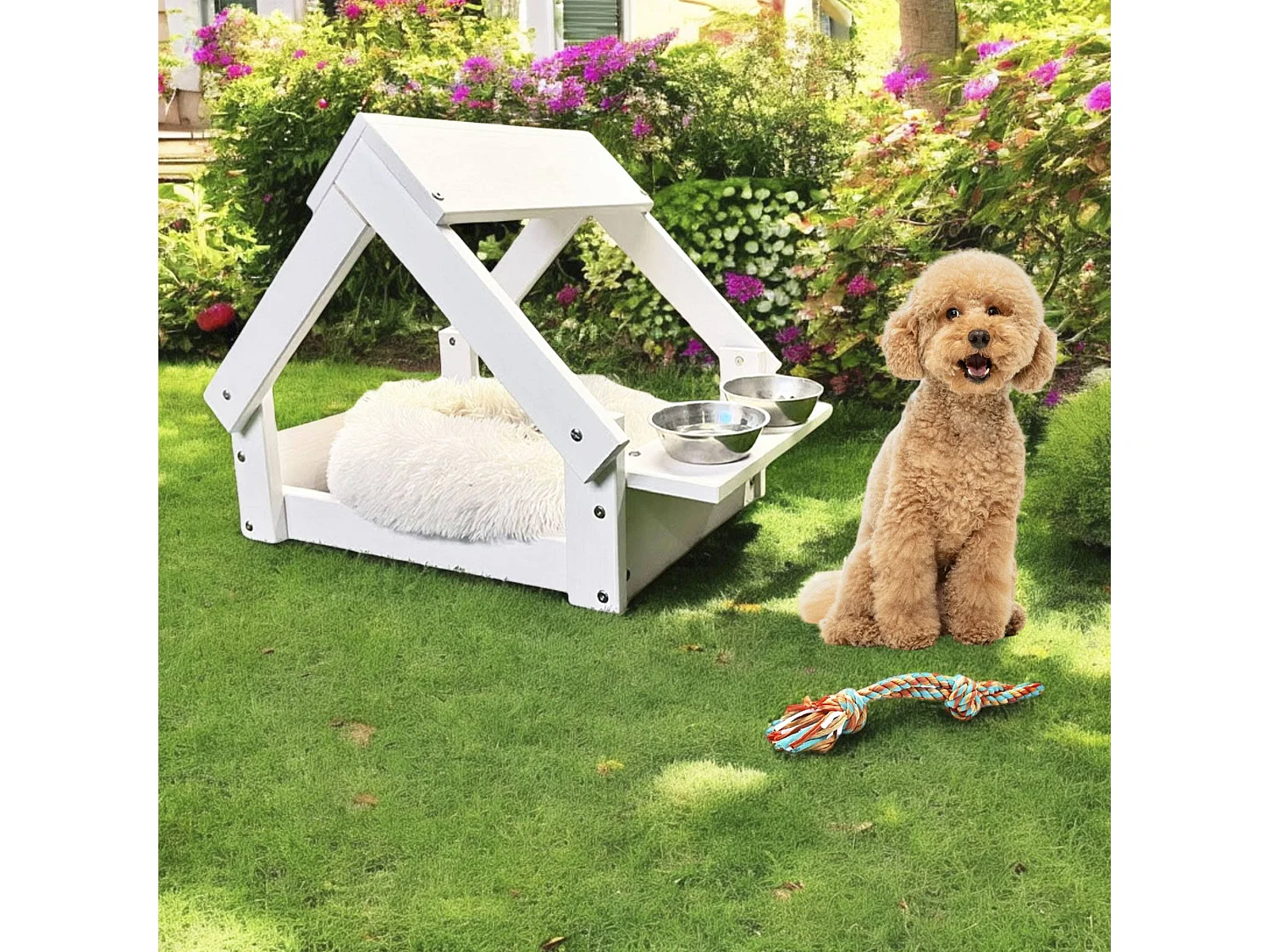 Niche d'intérieur Well Home, structure en bois avec support de gamelle, blanc