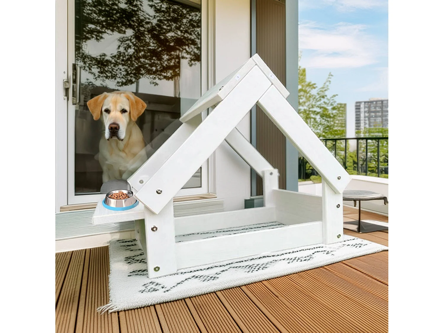 Niche d'intérieur Well Home, structure en bois avec support de gamelle, blanc