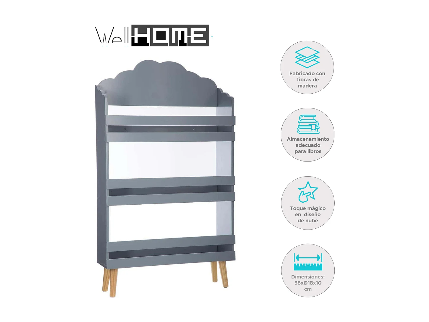 WELL HOME - Bibliothèque enfant 3 étagères gris