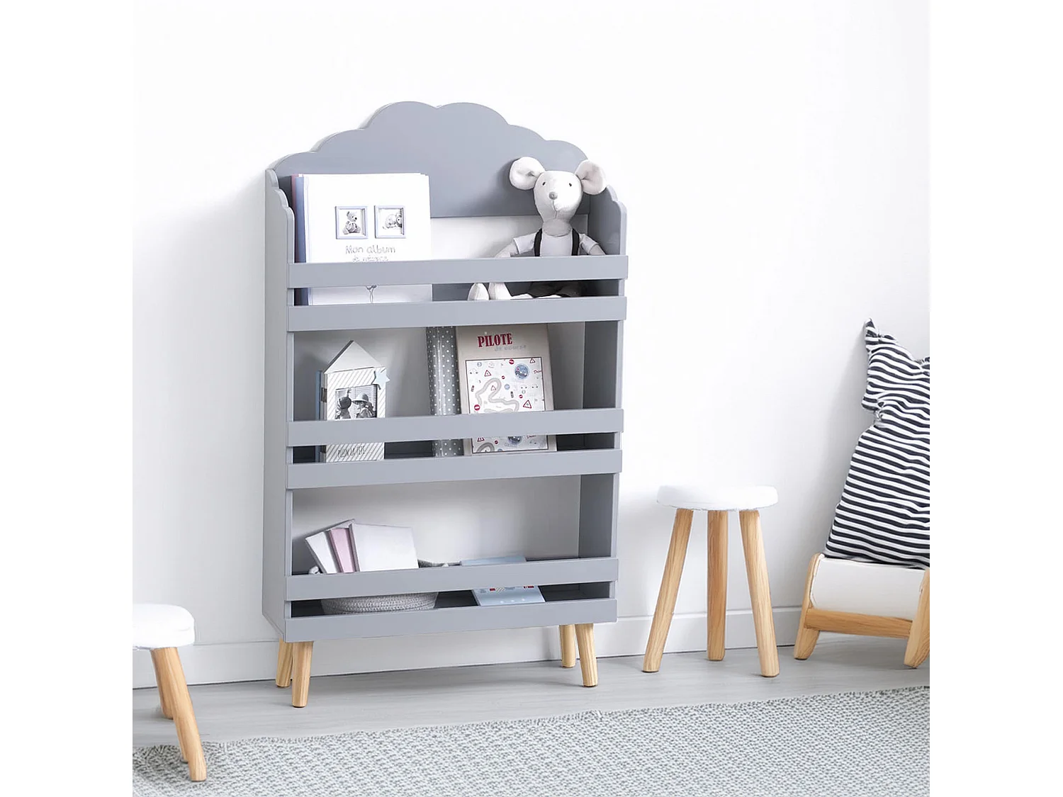 WELL HOME - Bibliothèque enfant 3 étagères gris