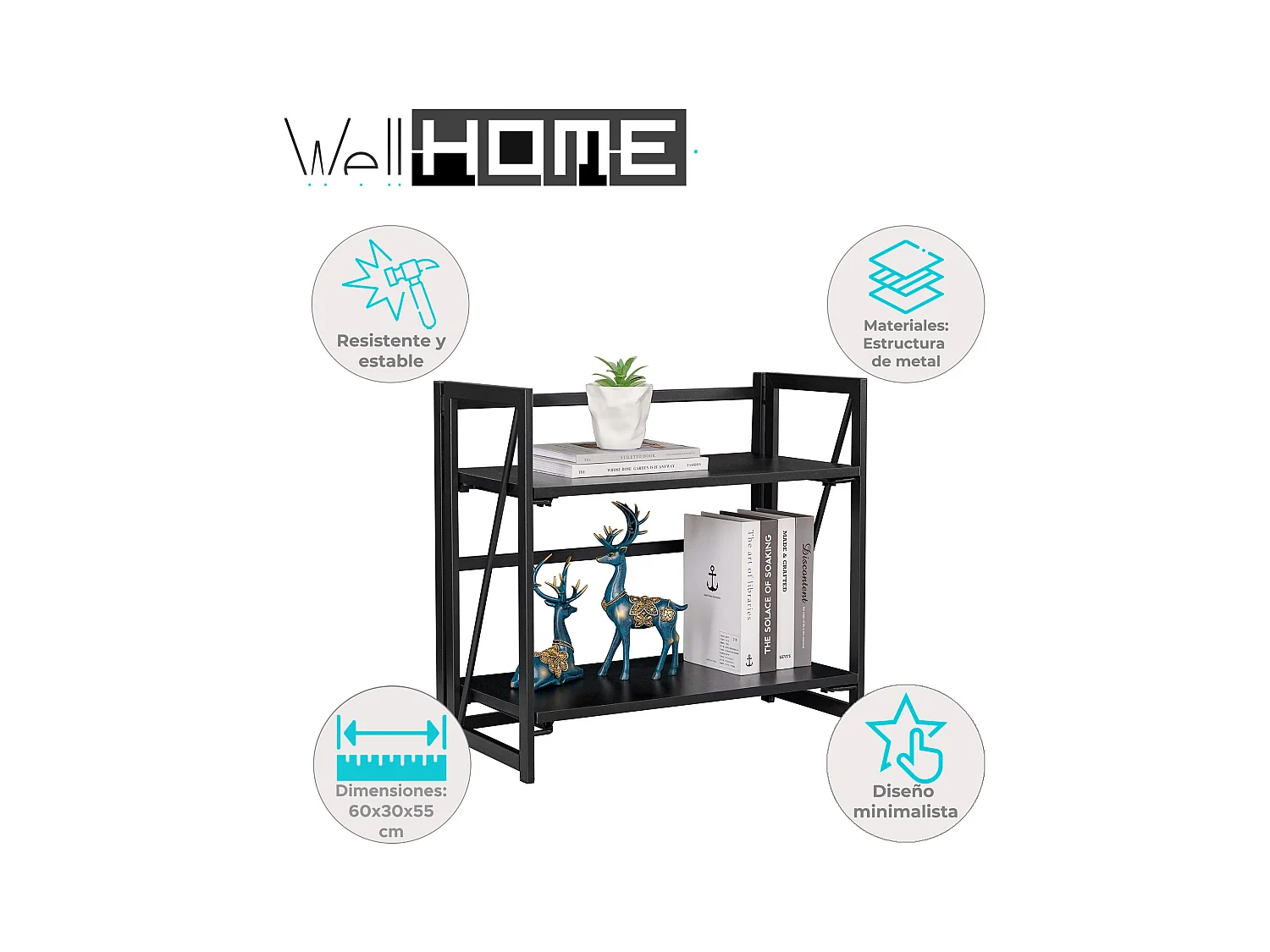 Étagère en métal Well Home noire 60x30x55cm