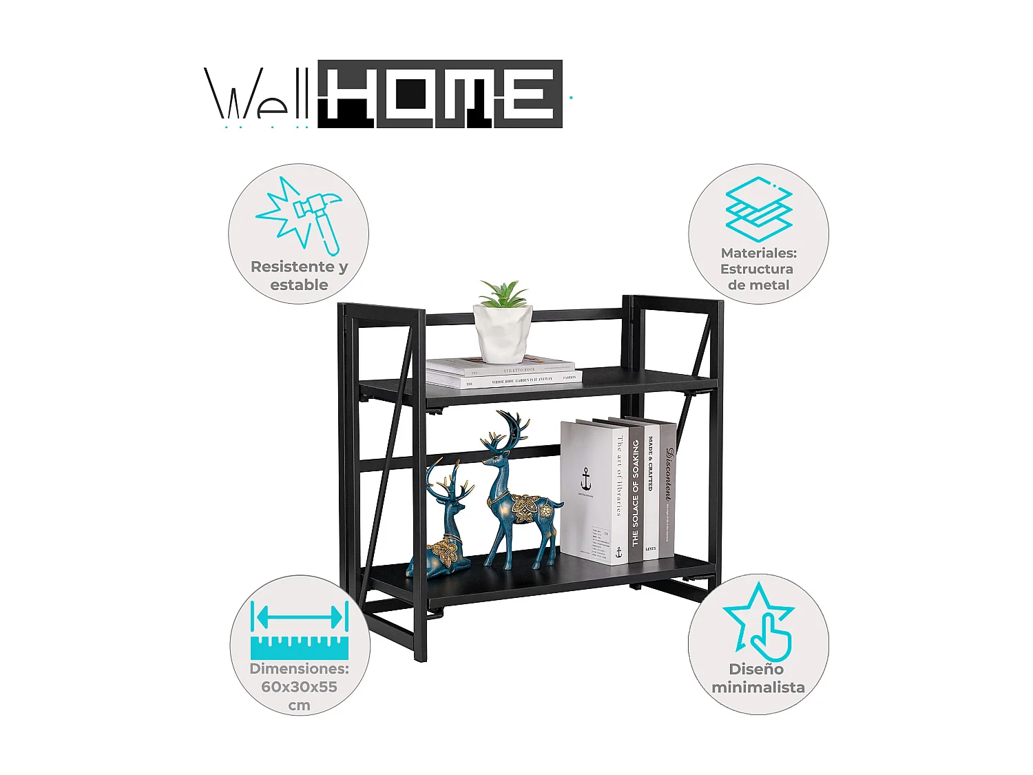 Étagère en métal Well Home noire 60x30x55cm