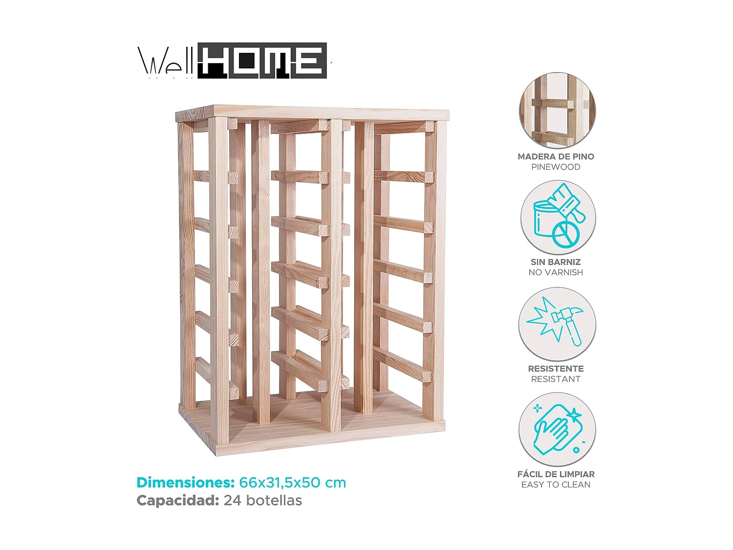 WELL HOME - Casier à bouteilles en bois de pin 24 étagères NON VERNI
