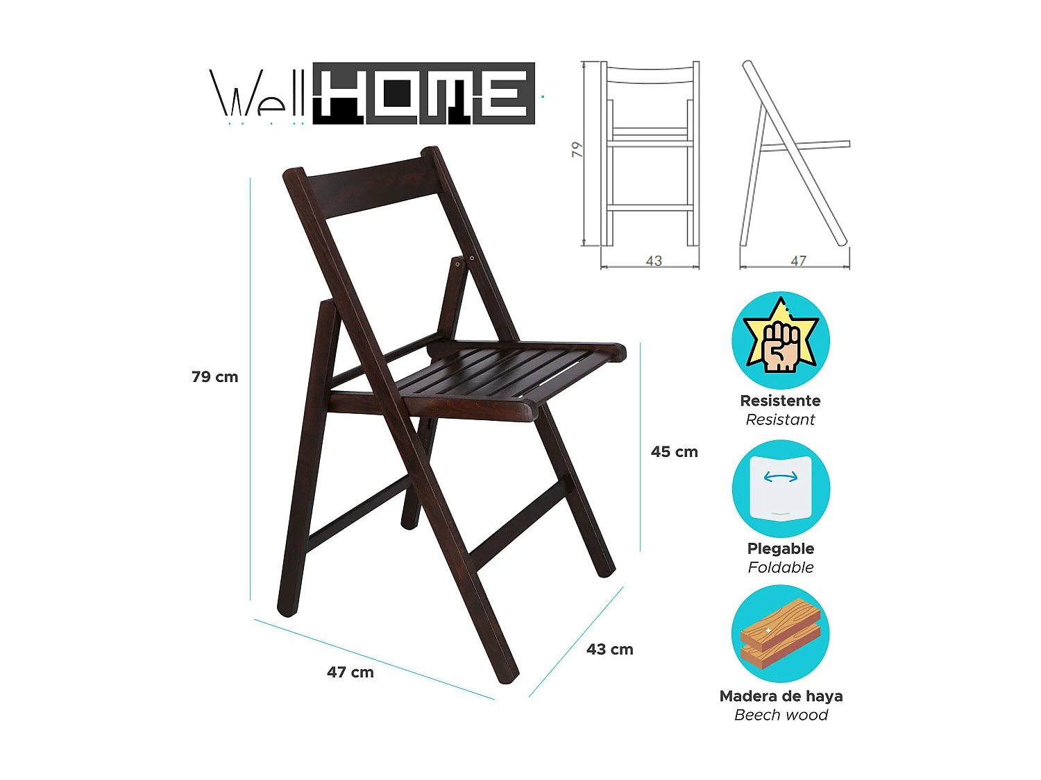 WELL HOME FURNITURE & DECORATION - Pack 4 Chaises BAS en hêtre finition wengé