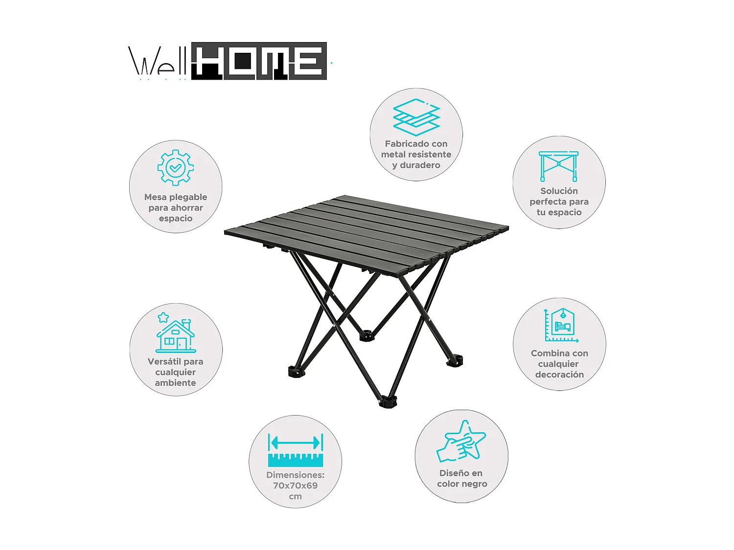 Table pliante Well Home en métal noir 70x70x69cm