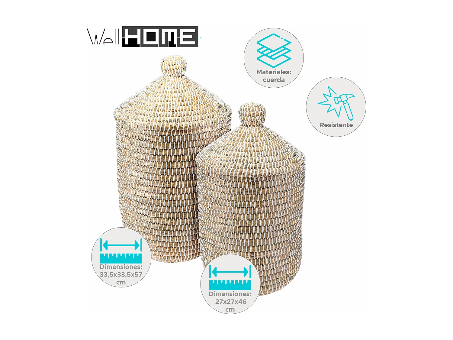 Well Home Lot de 2 paniers à linge avec couvercle Ø27cmØ33,5cm