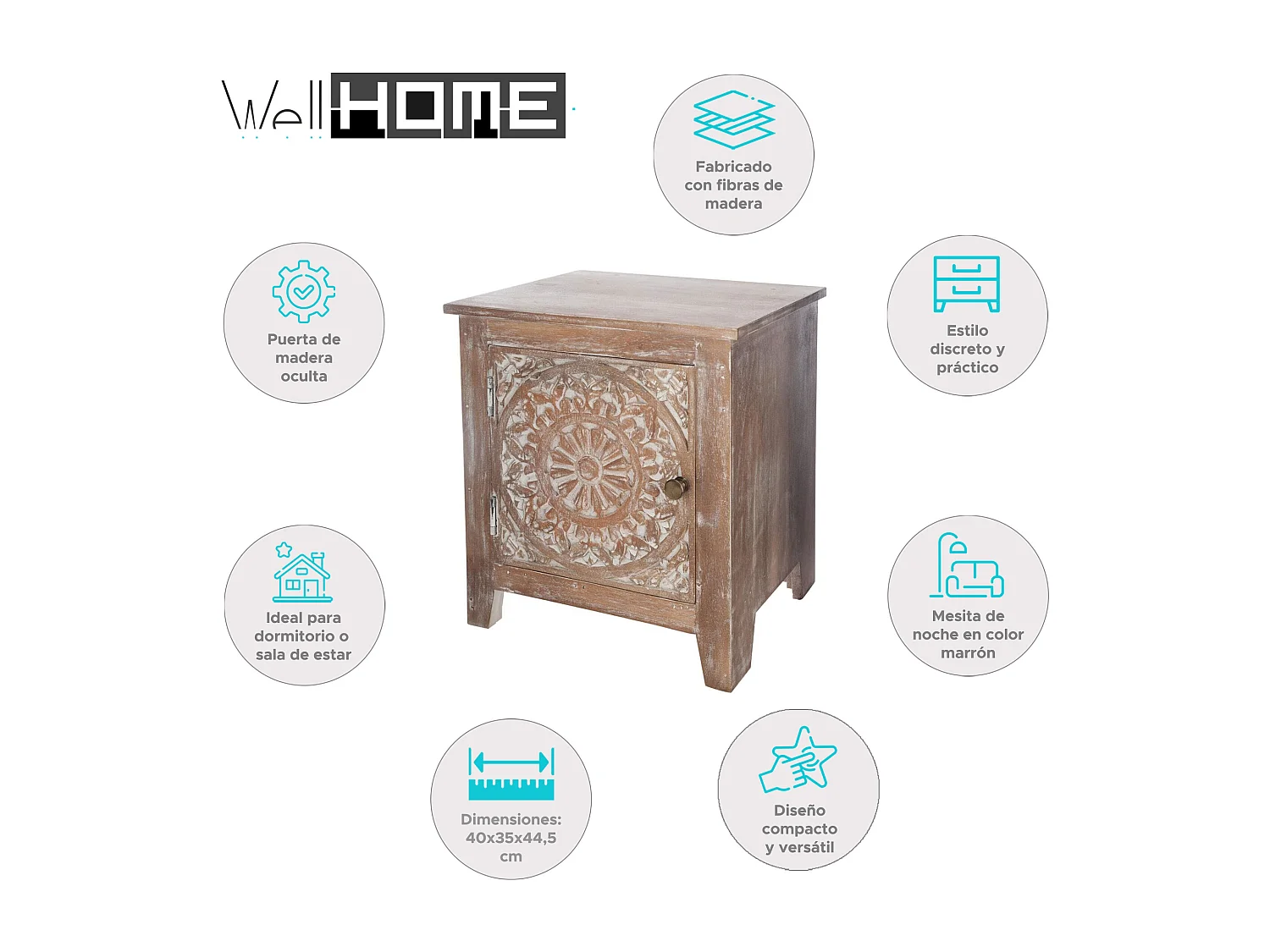 WELL HOME - Table de chevet en bois sculpté aux dimensions compactes