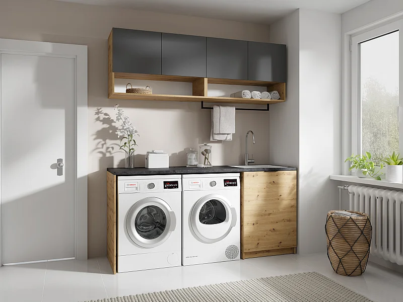Mobili per lavanderia con lavatrice e piano di lavoro L182 cm Antracite e Naturale chiaro NATAJI