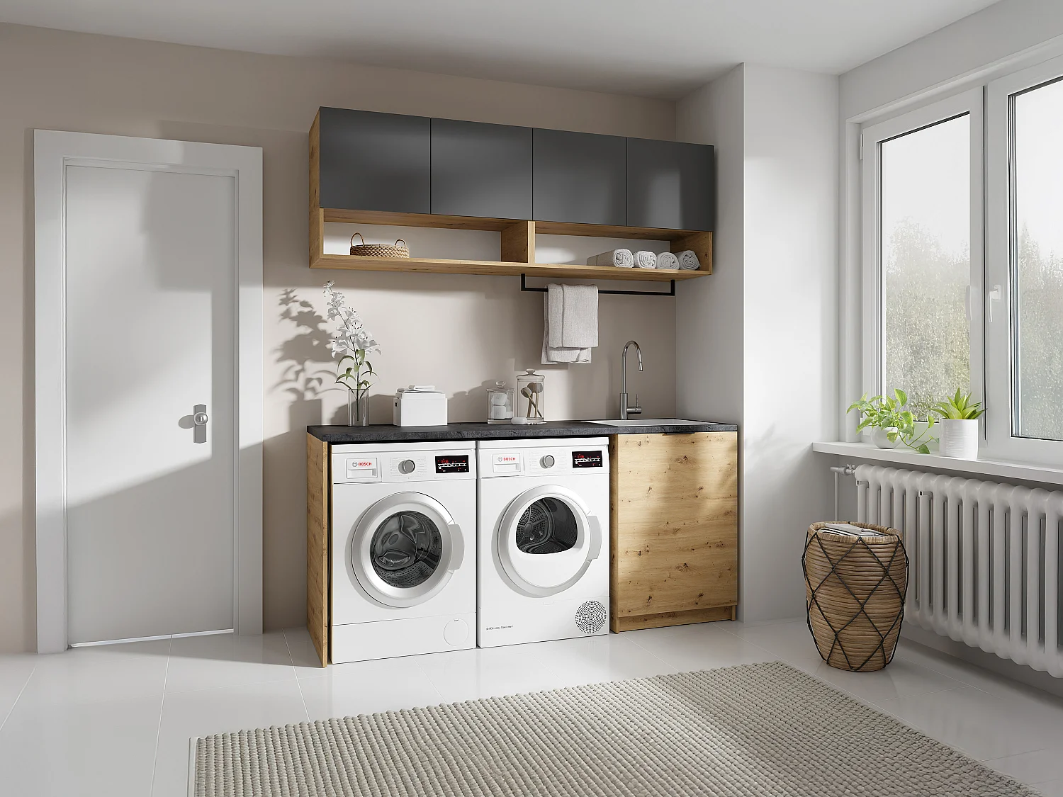 Meubles de buanderie pour machine à laver avec plan de travail - L182 cm -  Anthracite et naturel clair - NATAJI