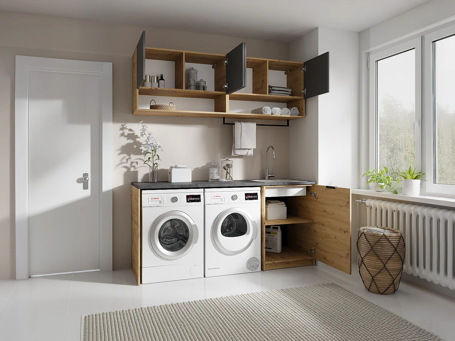 Meubles de buanderie pour machine à laver avec plan de travail - L182 cm -  Anthracite et naturel clair - NATAJI