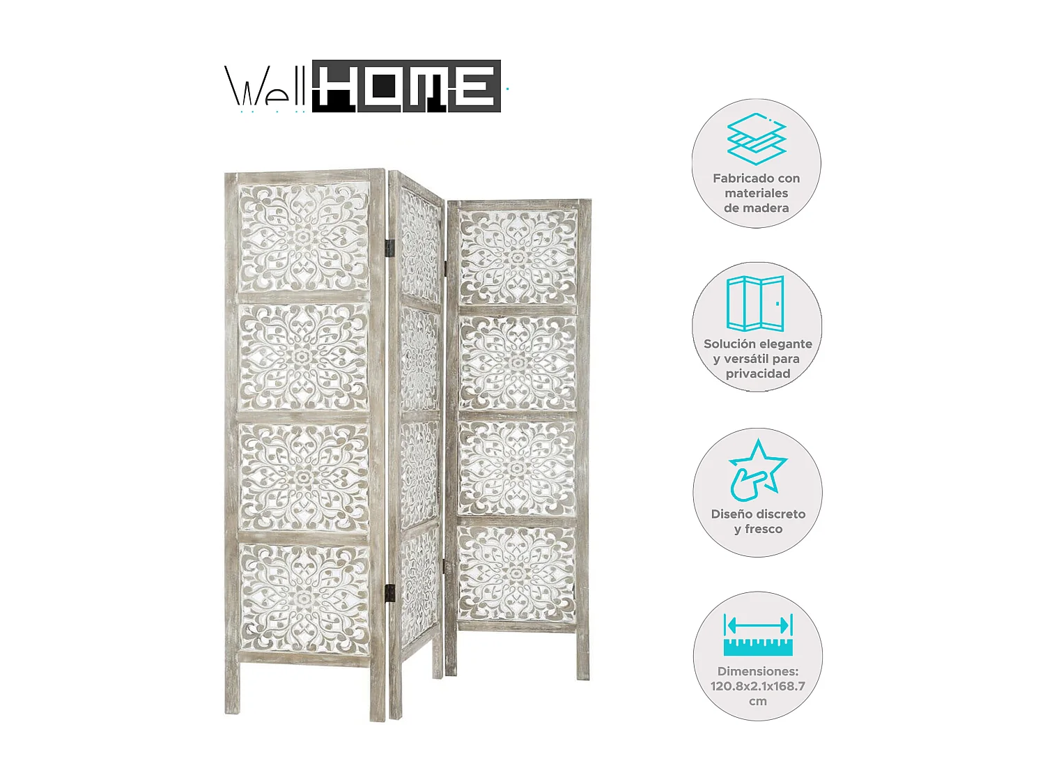 WELL HOME - Paravent en bois Etnik avec imprimés blancs