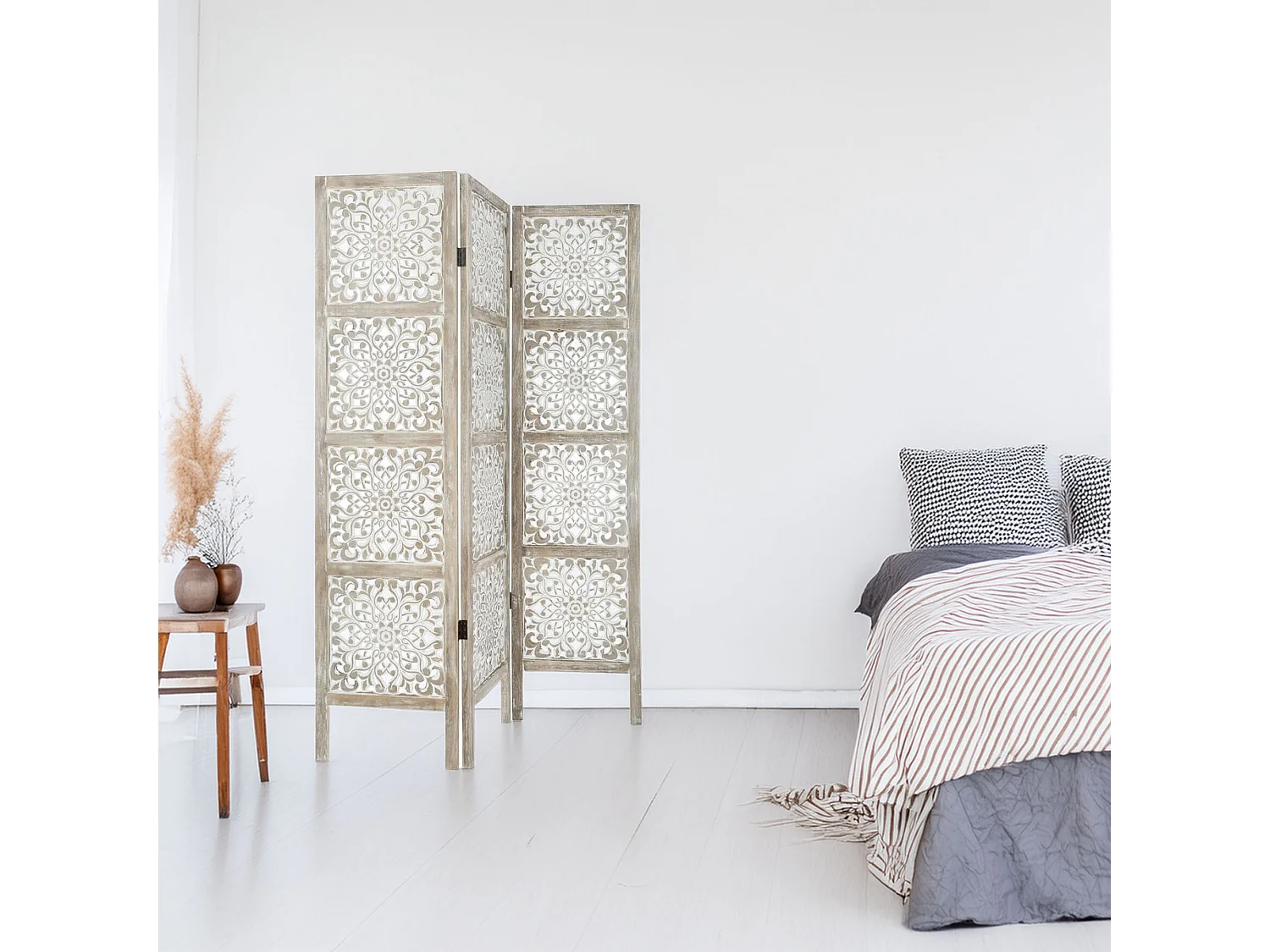 WELL HOME - Paravent en bois Etnik avec imprimés blancs