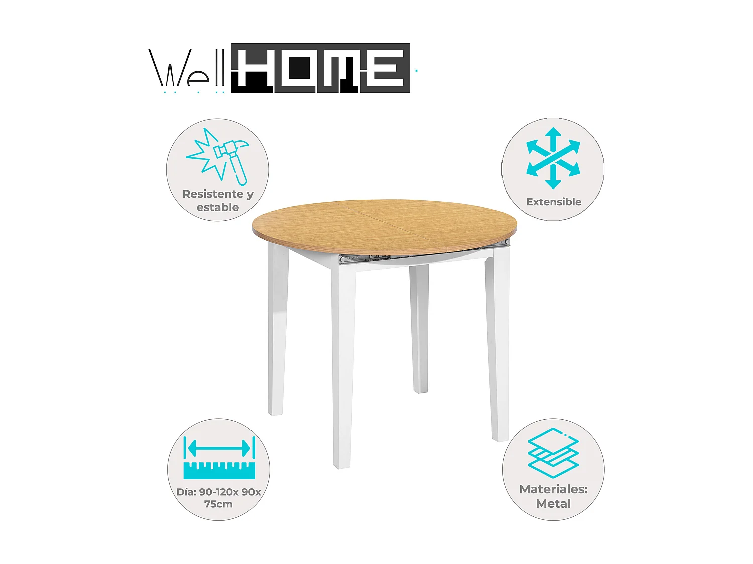 Table extensible circulaire en hêtre blanc Well Home 90-120 cm