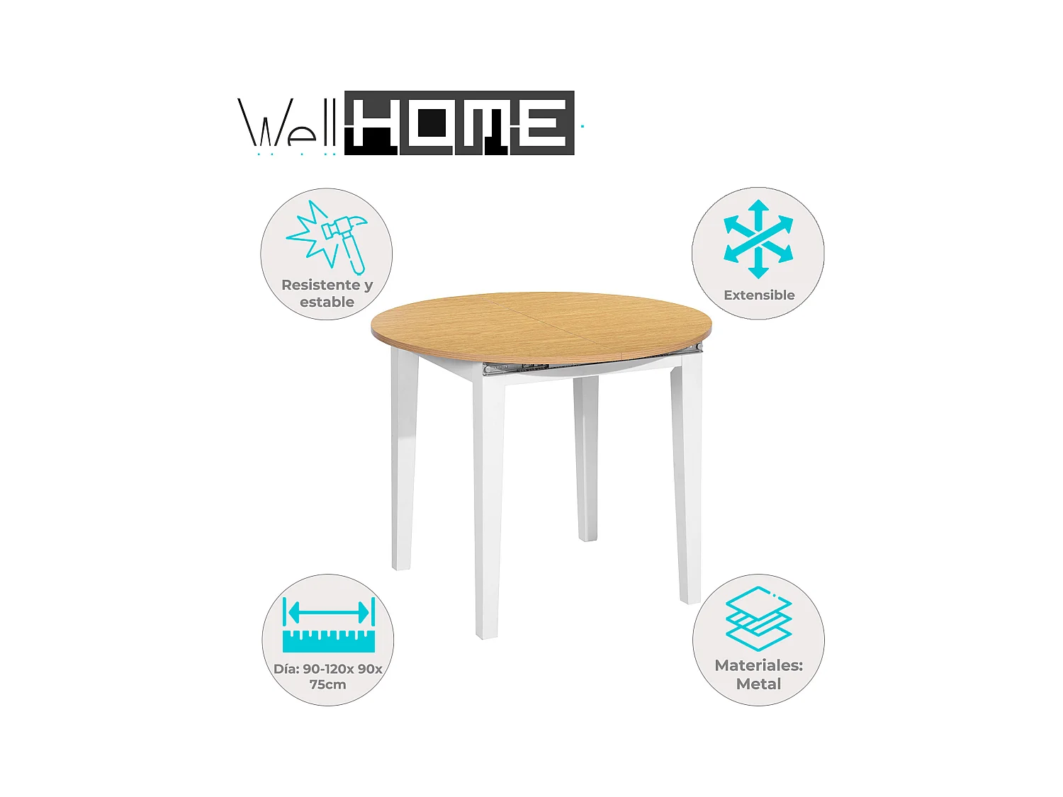 Table extensible circulaire en hêtre blanc Well Home 90-120 cm