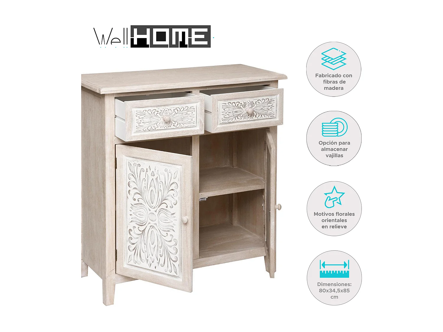 WELL HOME - Buffet 2 portes pratique et élégant en bois blanc