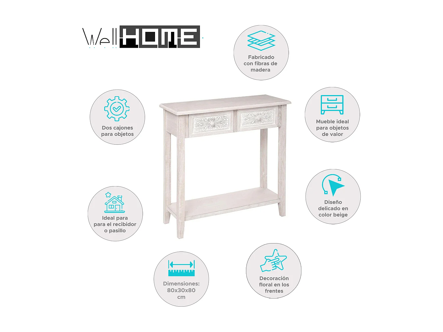 WELL HOME - Console 2 tiroirs inspiration nature en bois blanc