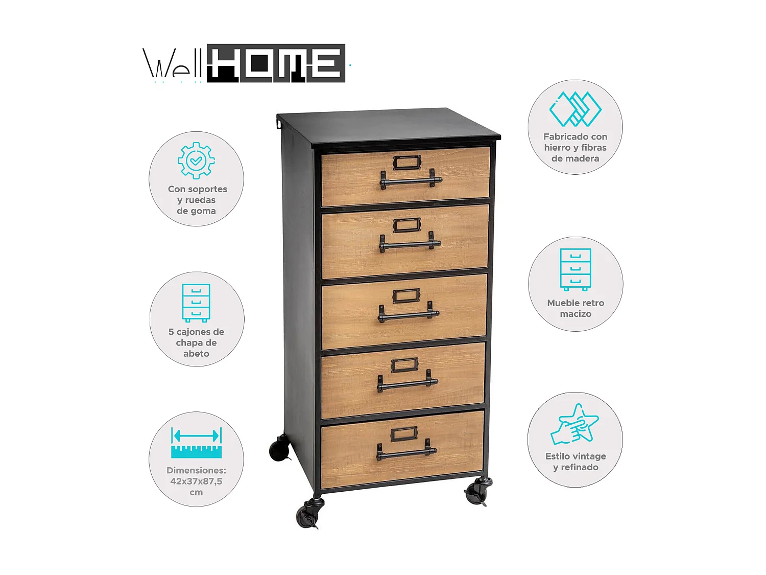 WELL HOME - Tiroir classeur à décoration rétro en métal et bois