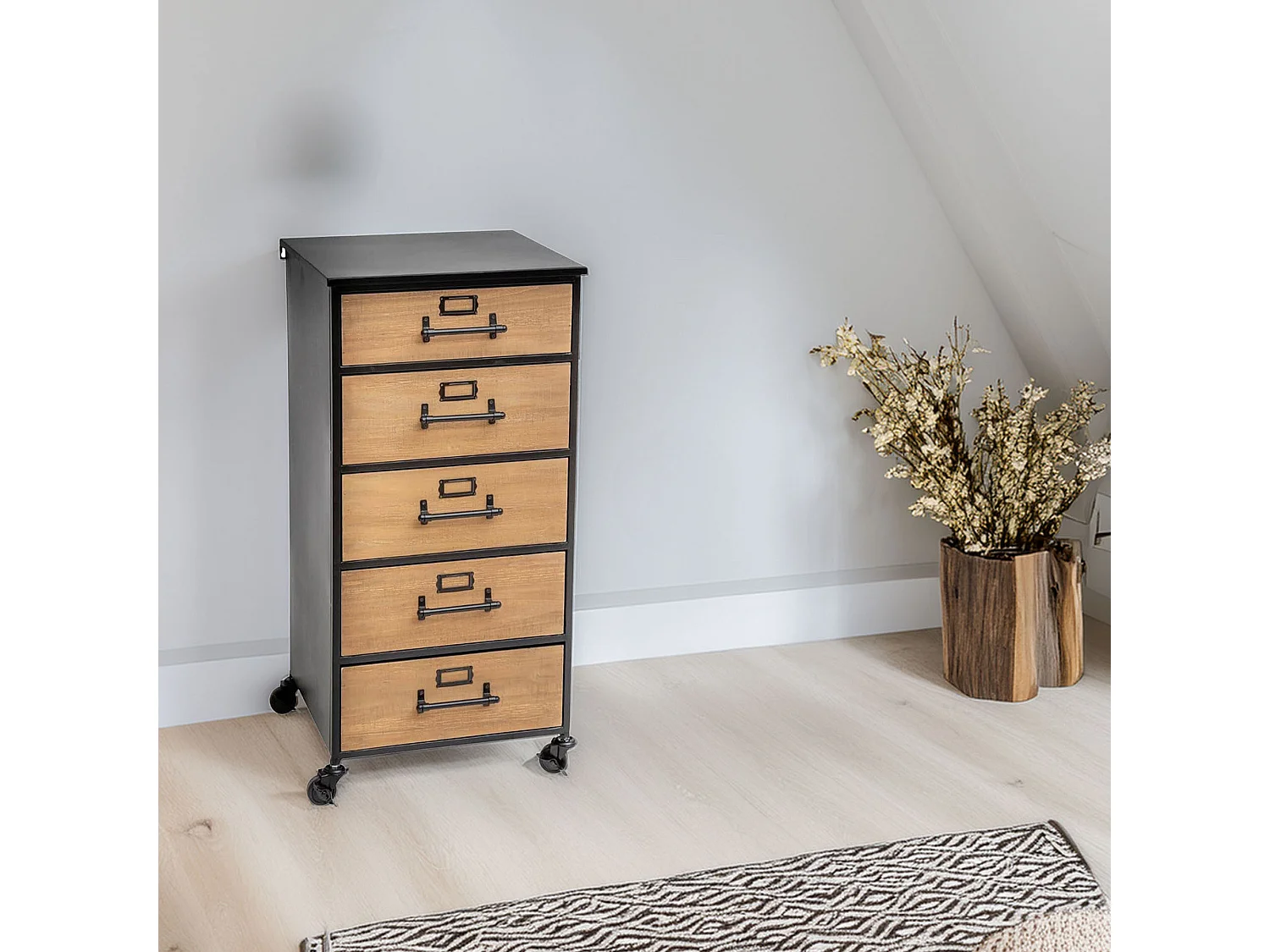 WELL HOME - Tiroir classeur à décoration rétro en métal et bois