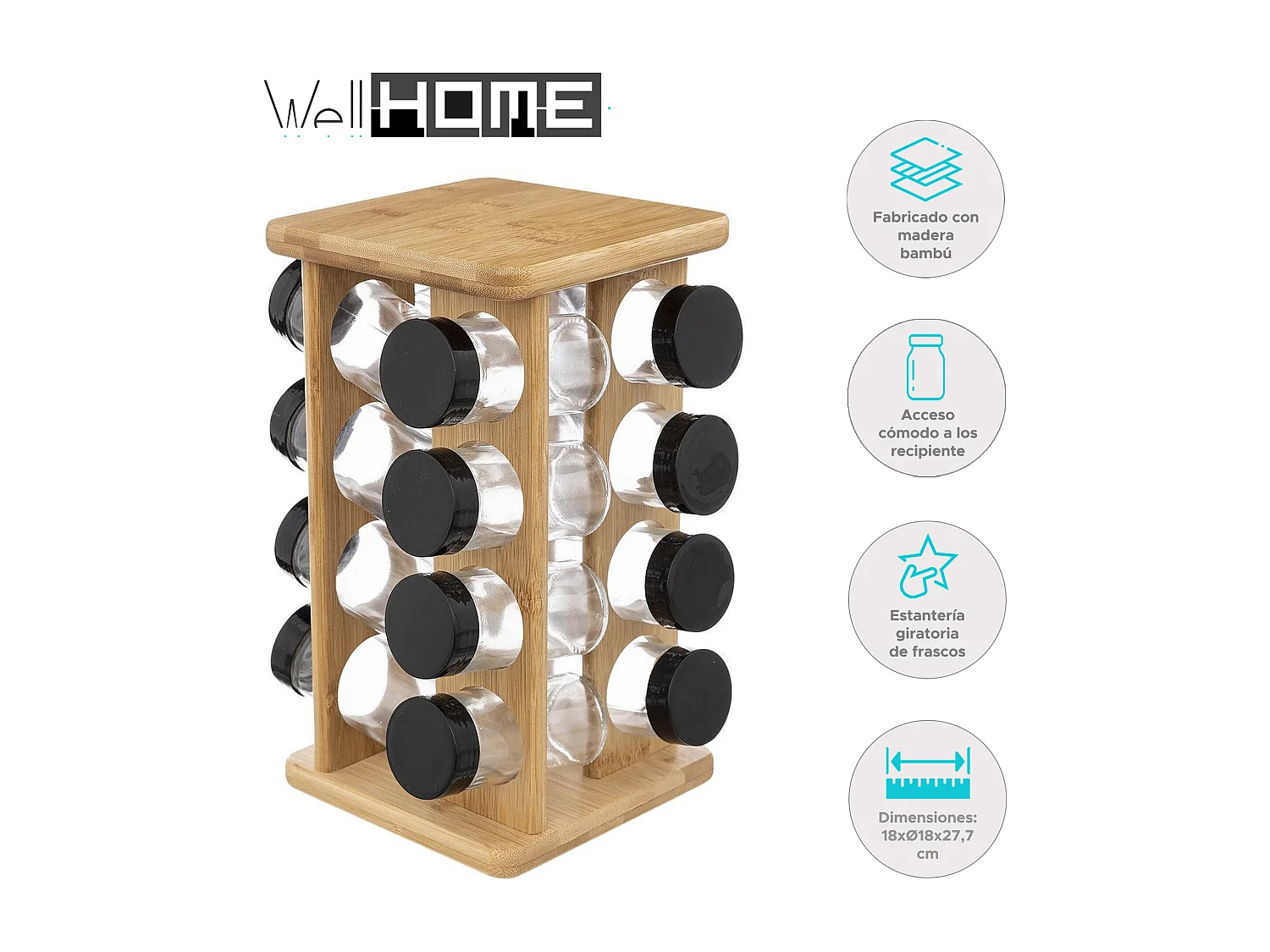 WELL HOME - Étagère à épices rotative pour 16 épices en bambou
