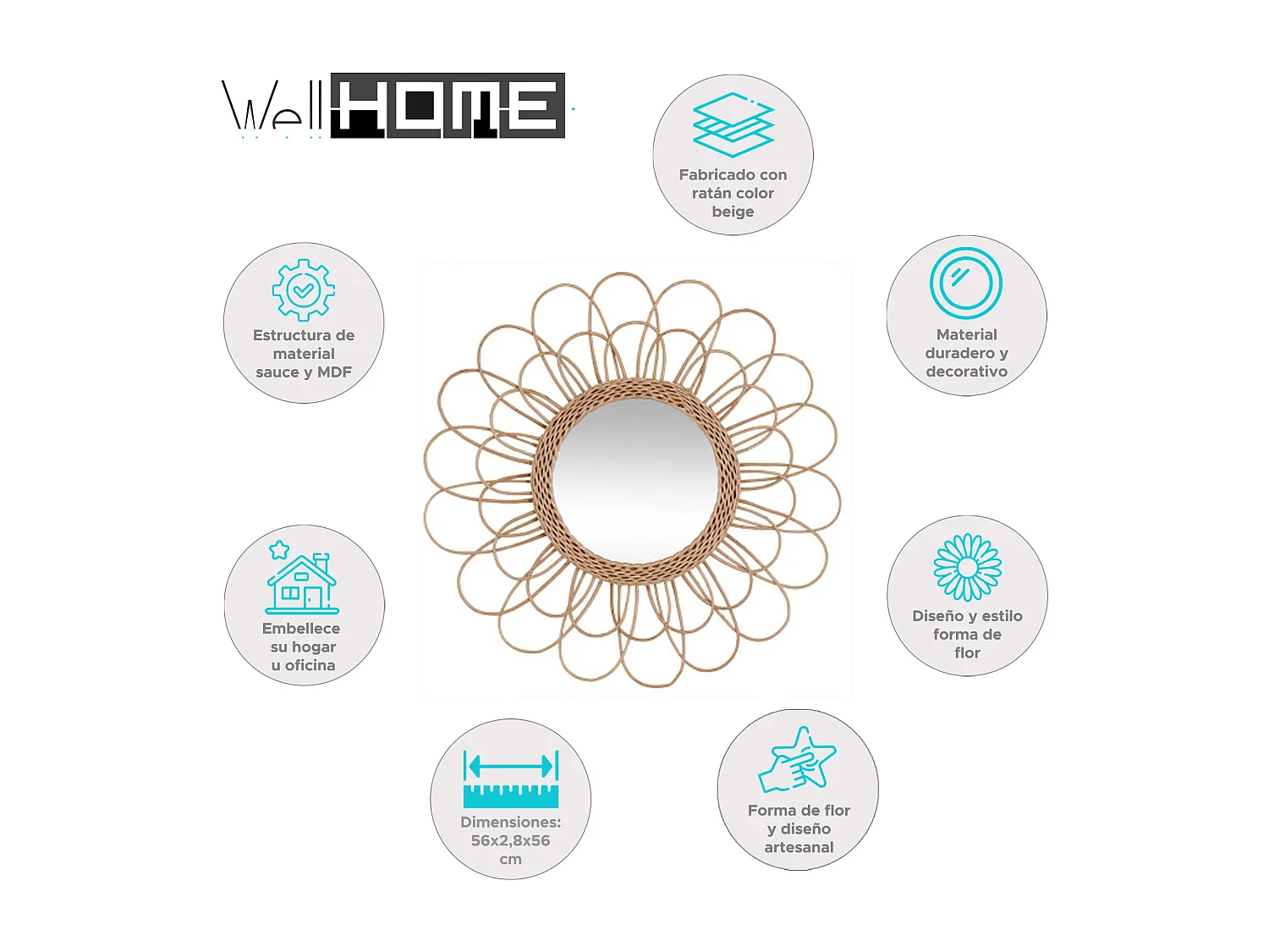 WELL HOME - Miroir Fleur en Rotin D.56 cm