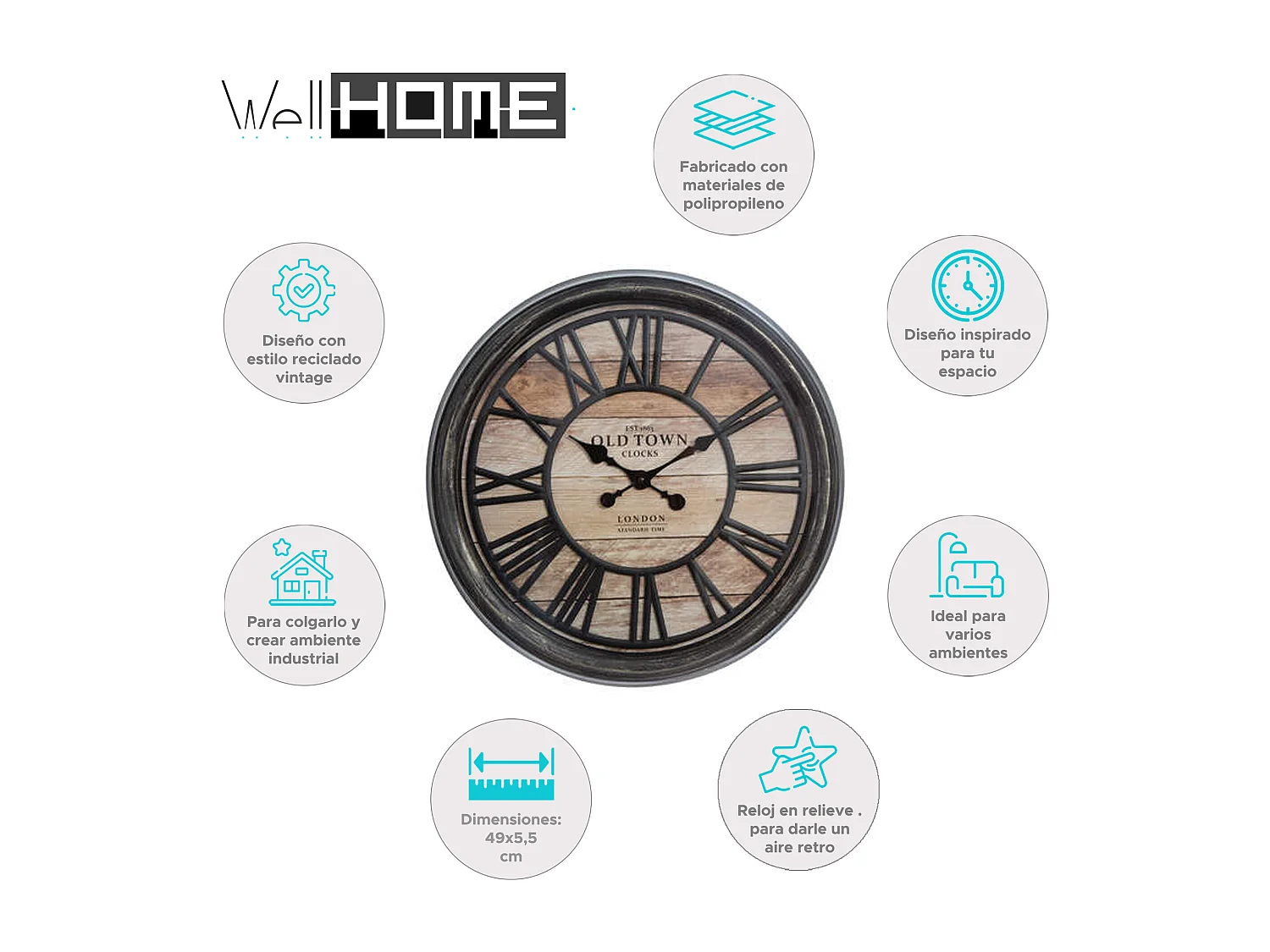 WELL HOME - Horloge décorative en relief en plastique Ø49x5cm