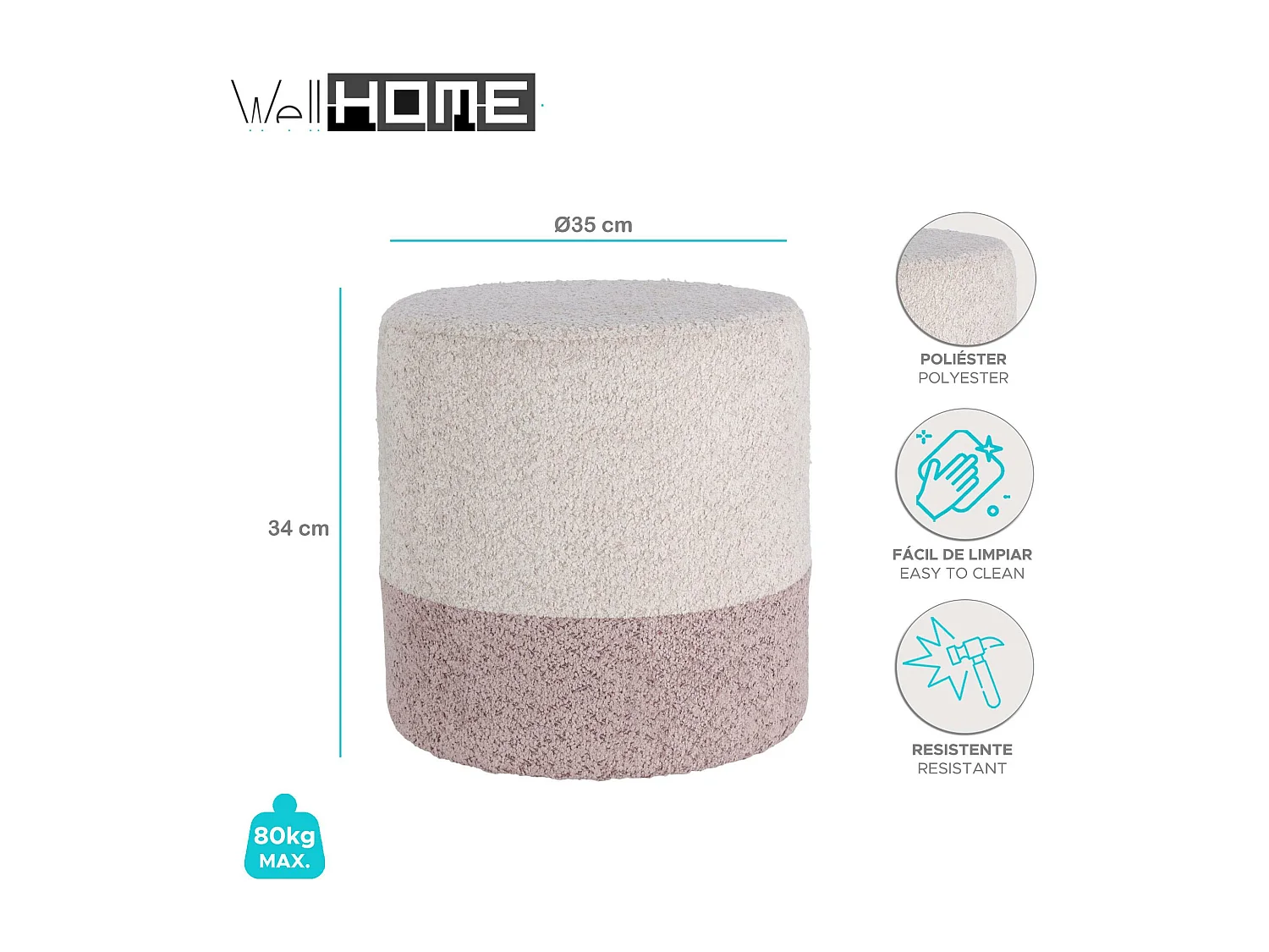 Well Home Tabouret 'Boucle' Ø35cm beige avec rose clair