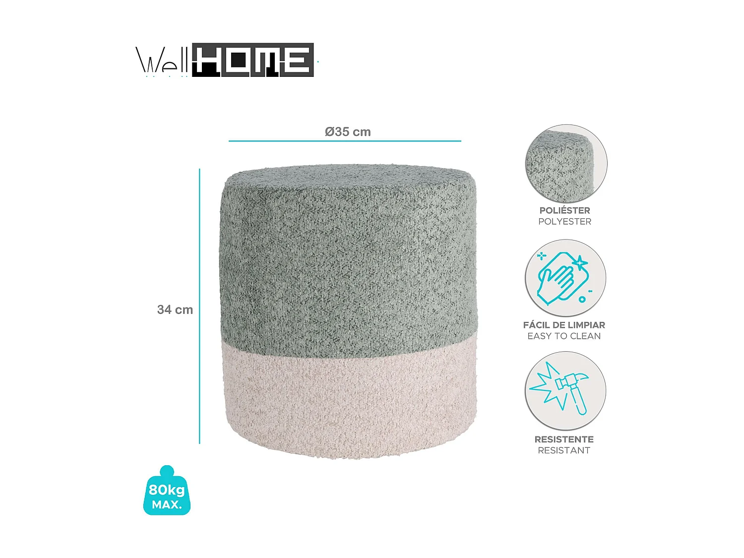 Well Home Tabouret 'Boucle' Ø35cm beige avec bleu