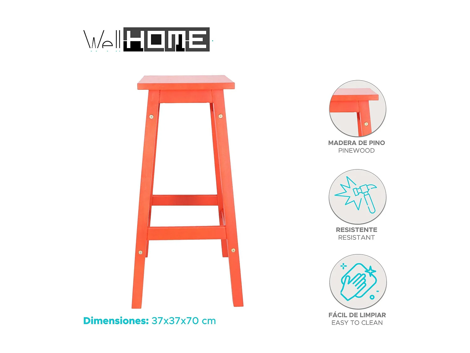 Well Home Lot de 2 Tabourets 'Laira' en Bois de Pin Corail H.70cm