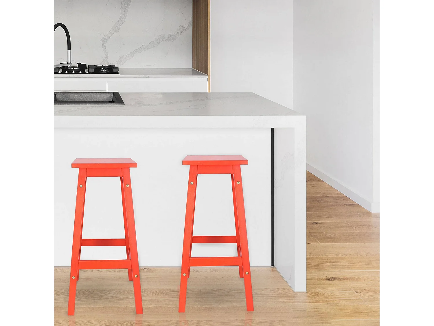 Well Home Lot de 2 Tabourets 'Laira' en Bois de Pin Corail H.70cm