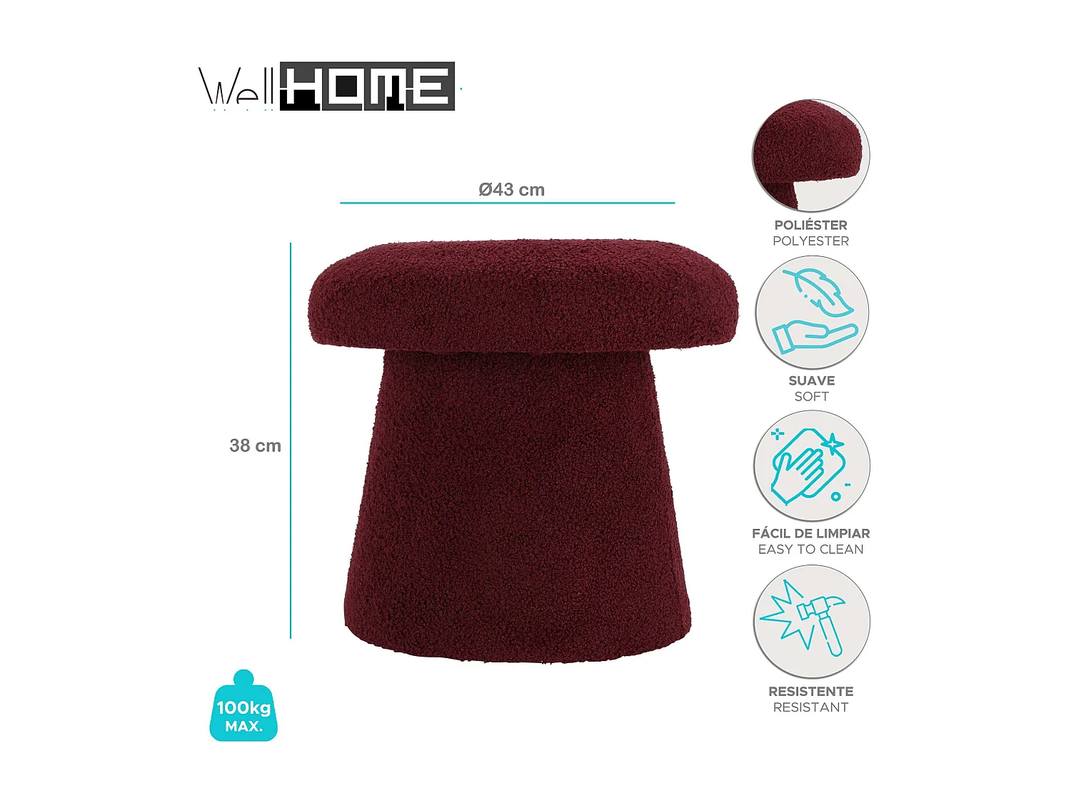 Tabouret champignon bordeaux 'Teddy' Well Home Ø43x38cm