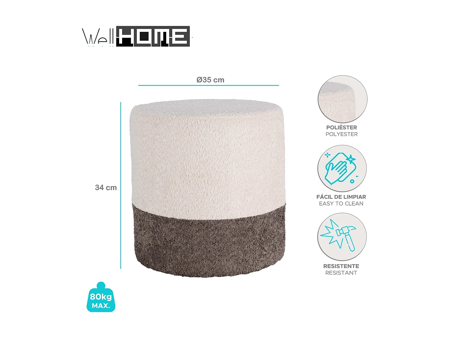 Well Home Tabouret 'Boucle' Ø35cm beige avec gris foncé