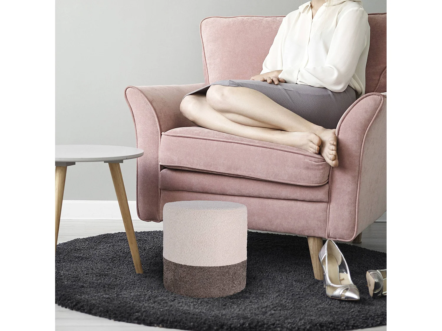 Well Home Tabouret 'Boucle' Ø35cm beige avec gris foncé