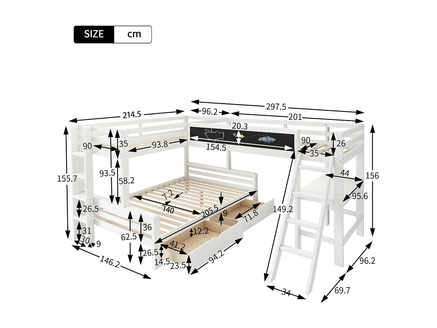 Lits Superposés Pour 3 Enfants, 2x90x200cm et 140x200cm, avec tiroirs de rangement, Blanc