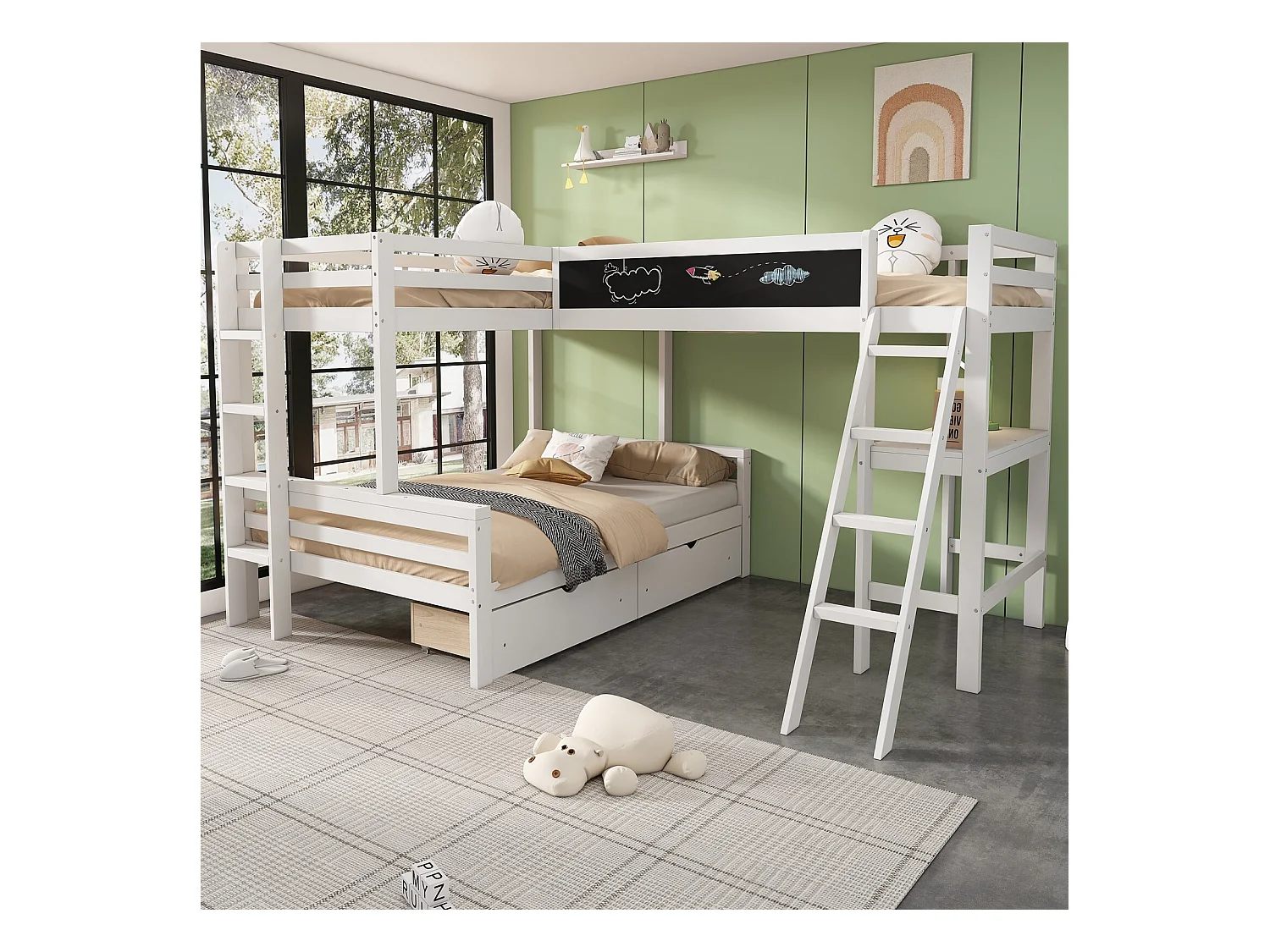 Lits Superposés Pour 3 Enfants, 2x90x200cm et 140x200cm, avec tiroirs de rangement, Blanc