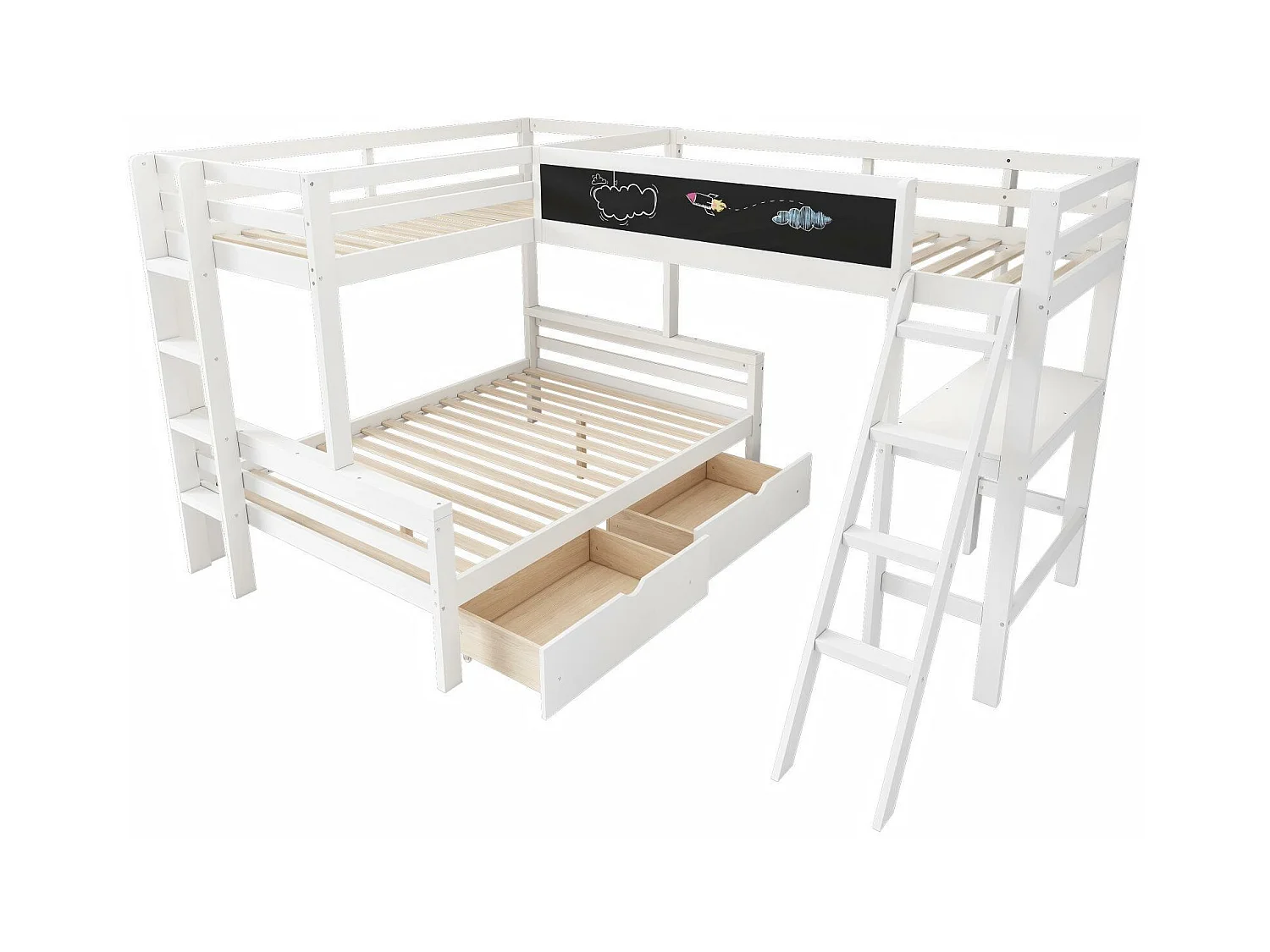 Lits Superposés Pour 3 Enfants, 2x90x200cm et 140x200cm, avec tiroirs de rangement, Blanc