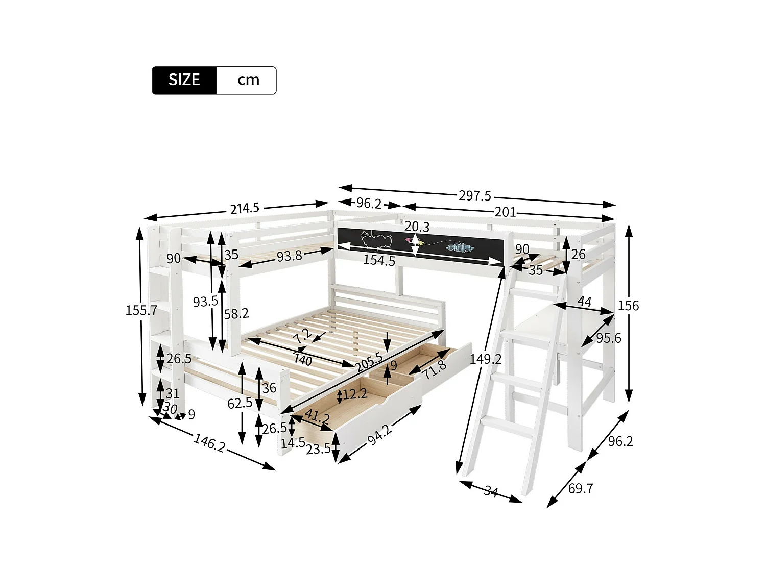 Lits Superposés Pour 3 Enfants, 2x90x200cm et 140x200cm, avec tiroirs de rangement, Blanc
