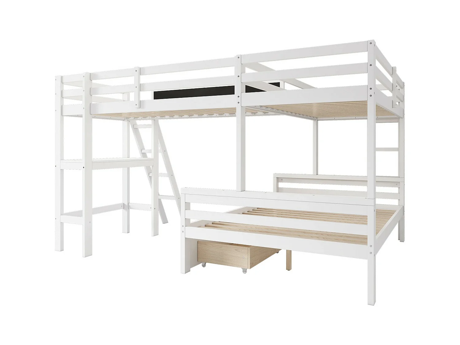 Lits Superposés Pour 3 Enfants, 2x90x200cm et 140x200cm, avec tiroirs de rangement, Blanc