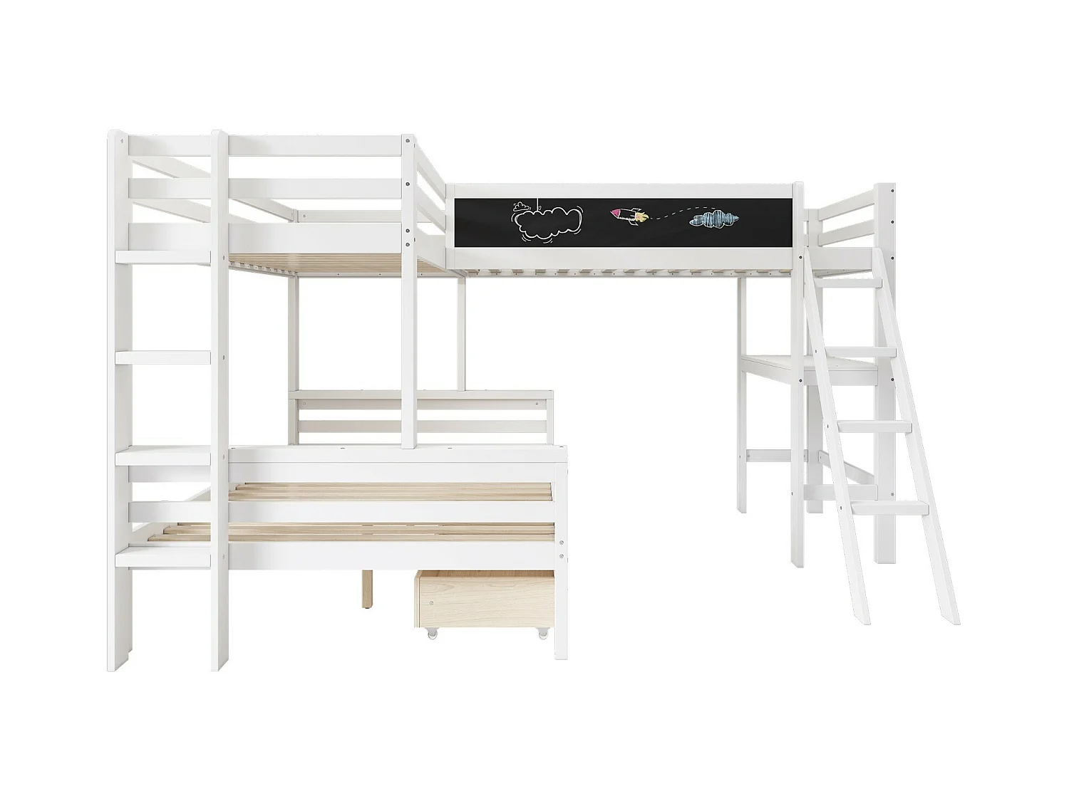 Lits Superposés Pour 3 Enfants, 2x90x200cm et 140x200cm, avec tiroirs de rangement, Blanc