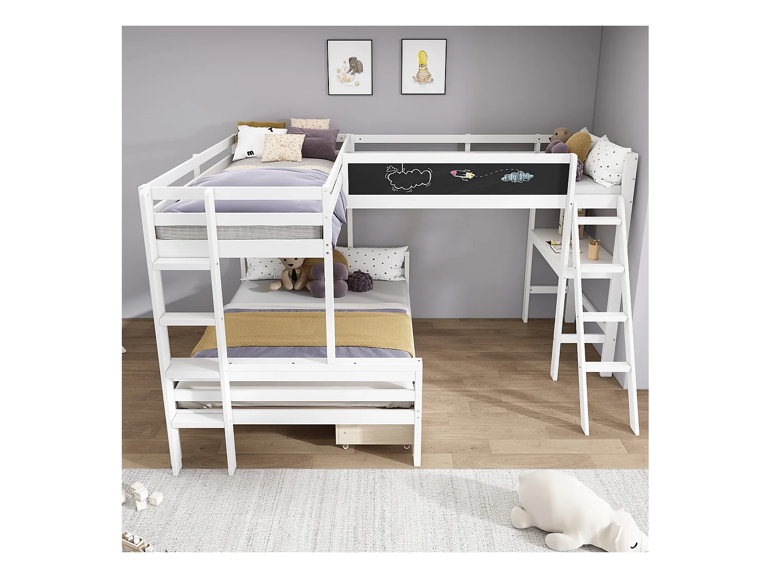 Lits Superposés Pour 3 Enfants, 2x90x200cm et 140x200cm, avec tiroirs de rangement, Blanc