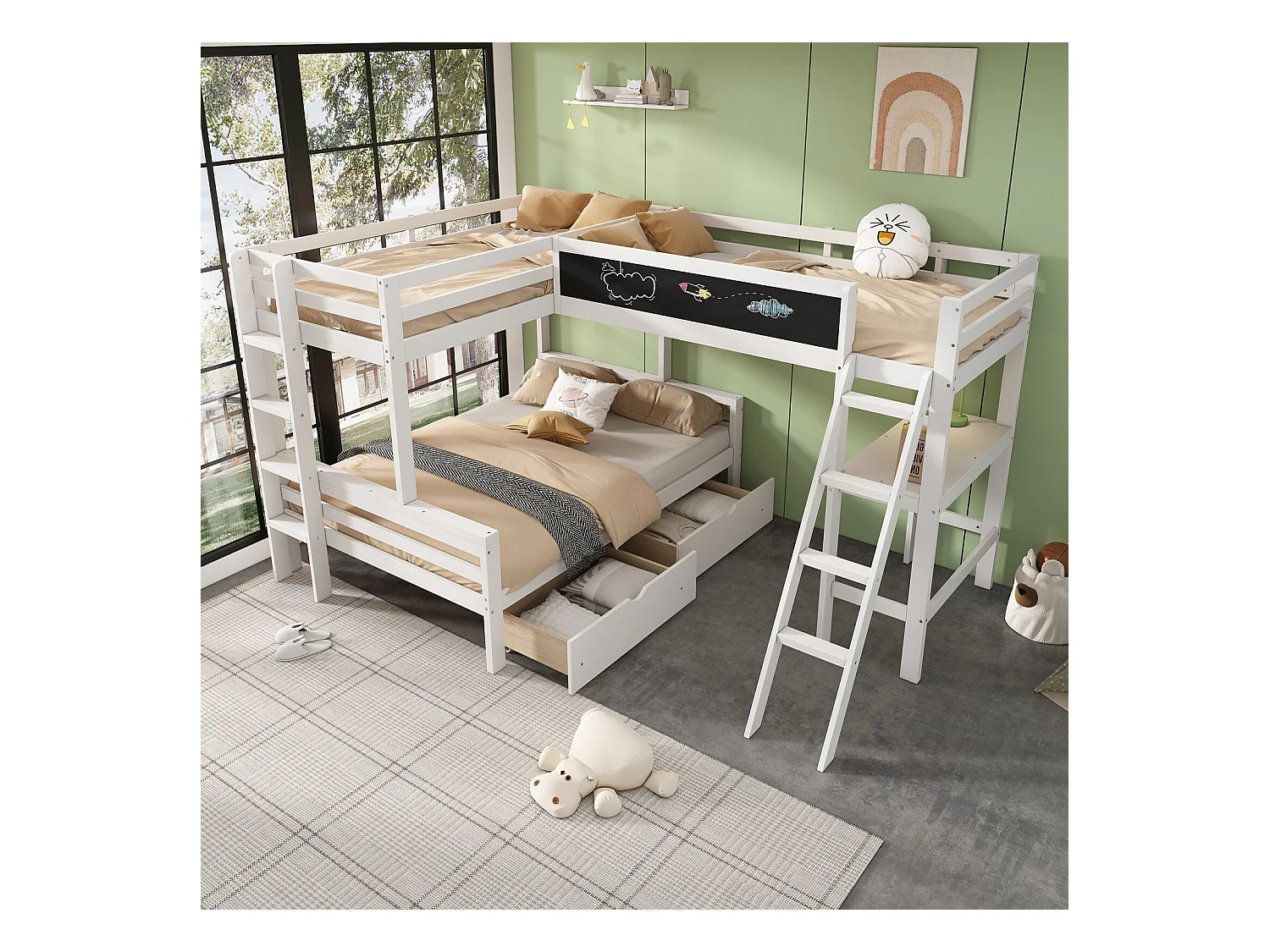 Lits Superposés Pour 3 Enfants, 2x90x200cm et 140x200cm, avec tiroirs de rangement, Blanc